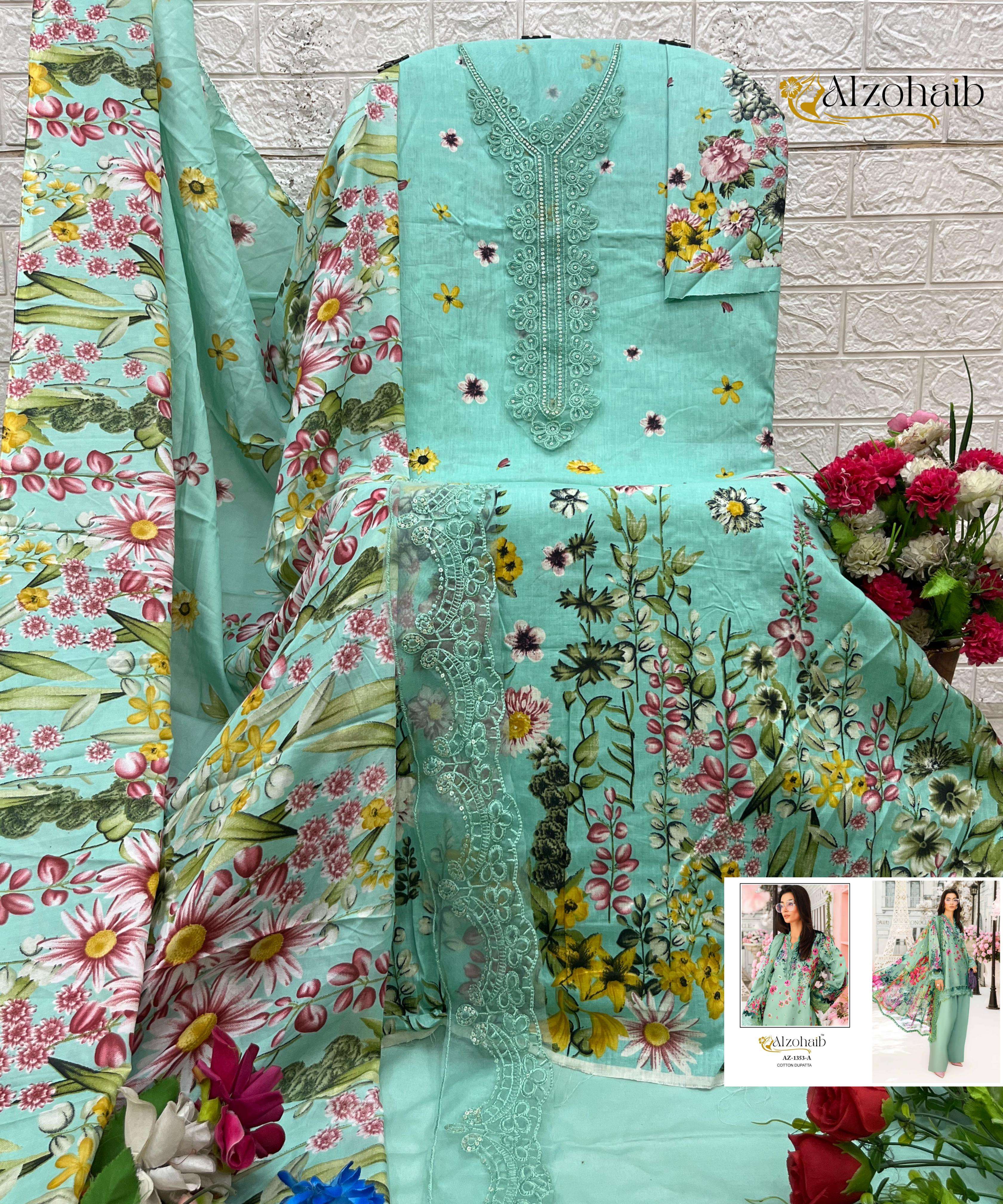 AL ZOHAIB DESIGN NO - 1343-1344-1353AB PURE COTTON HEAVY PATCH WORK PAKISTANI SUIT 