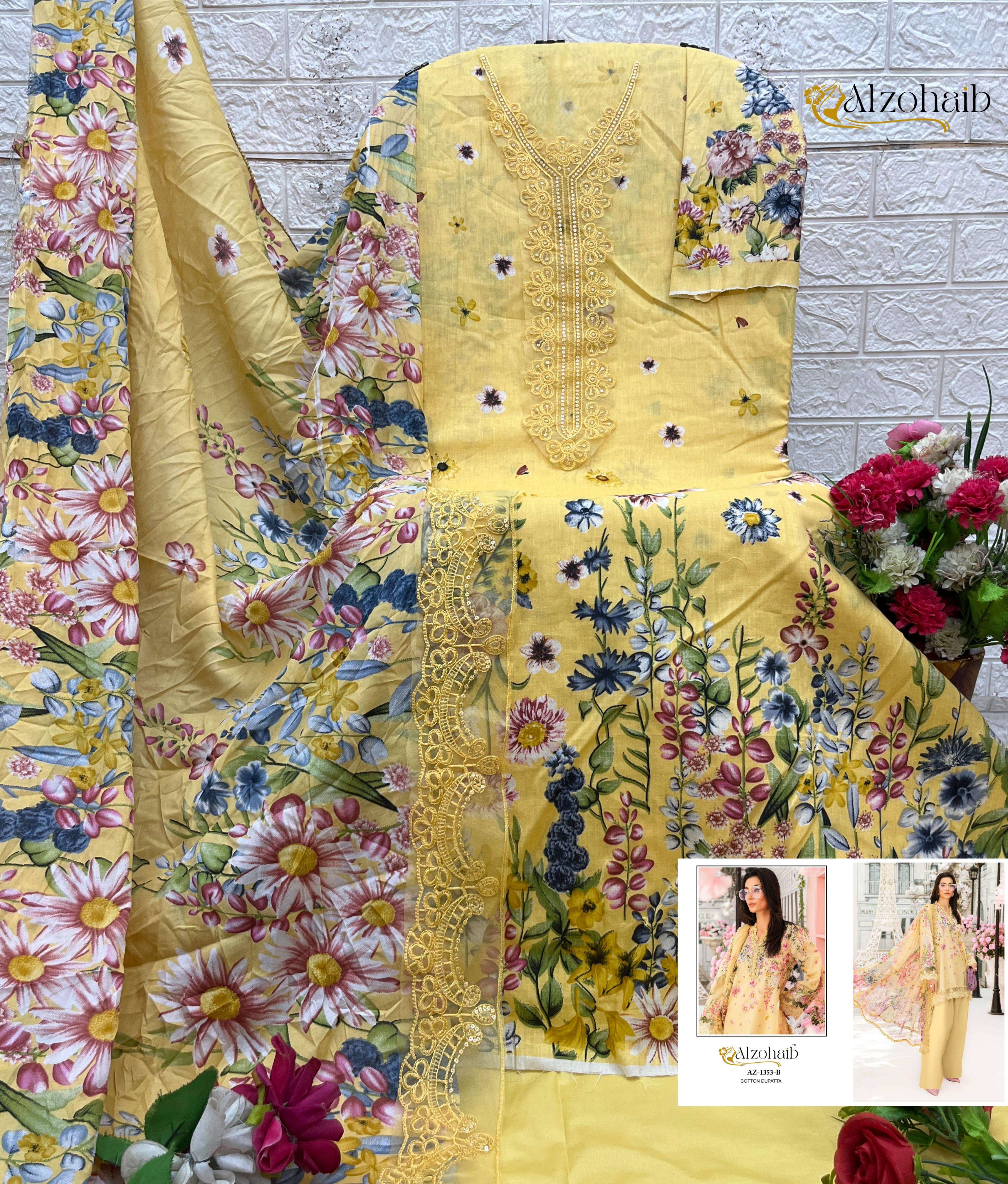 AL ZOHAIB DESIGN NO - 1343-1344-1353AB PURE COTTON HEAVY PATCH WORK PAKISTANI SUIT 