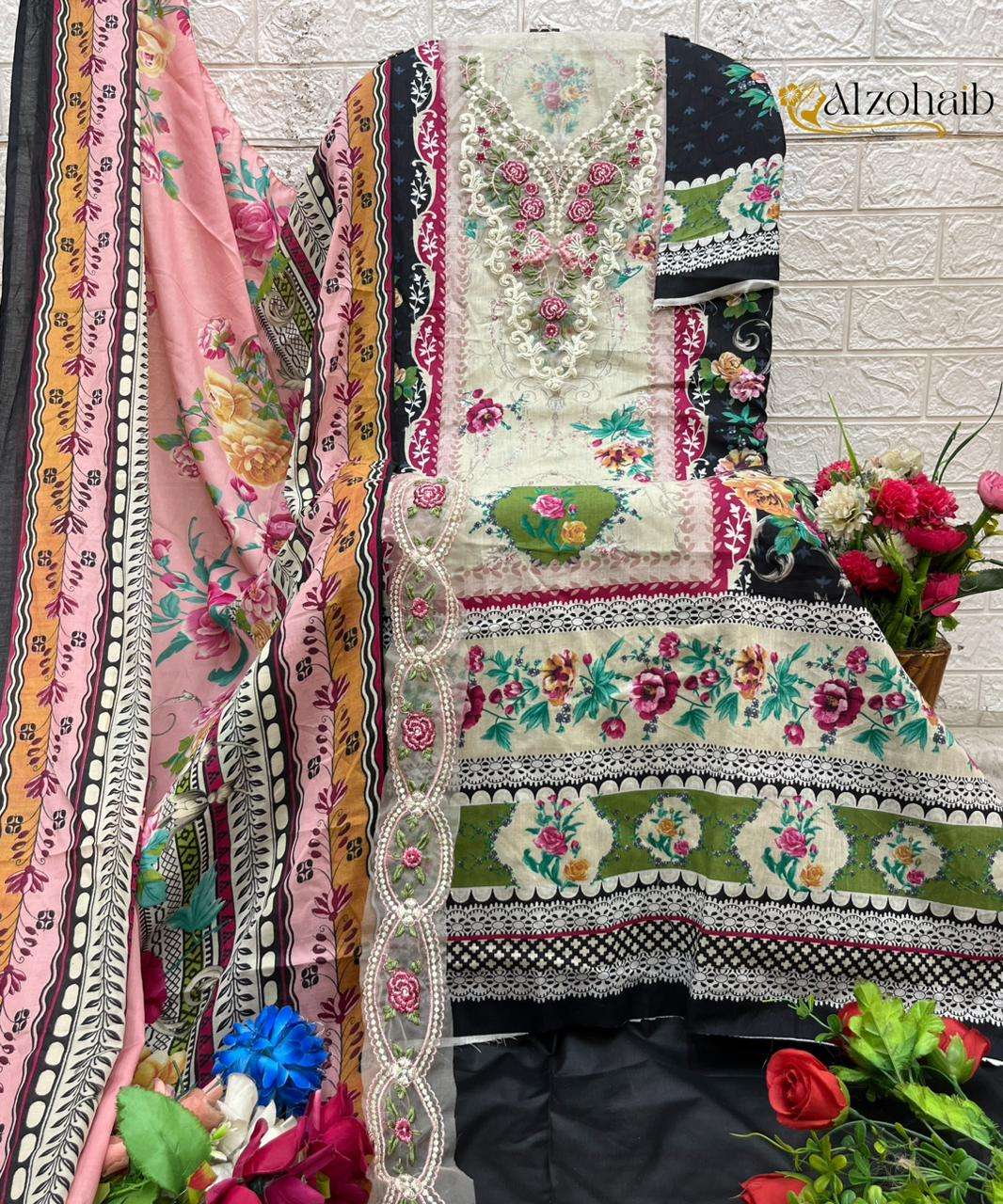 AL ZOHAIB DESIGN NO - 1345 AB - 1365 AB PURE COTTON HEAVY PATCH WORK PAKISTANI SUIT