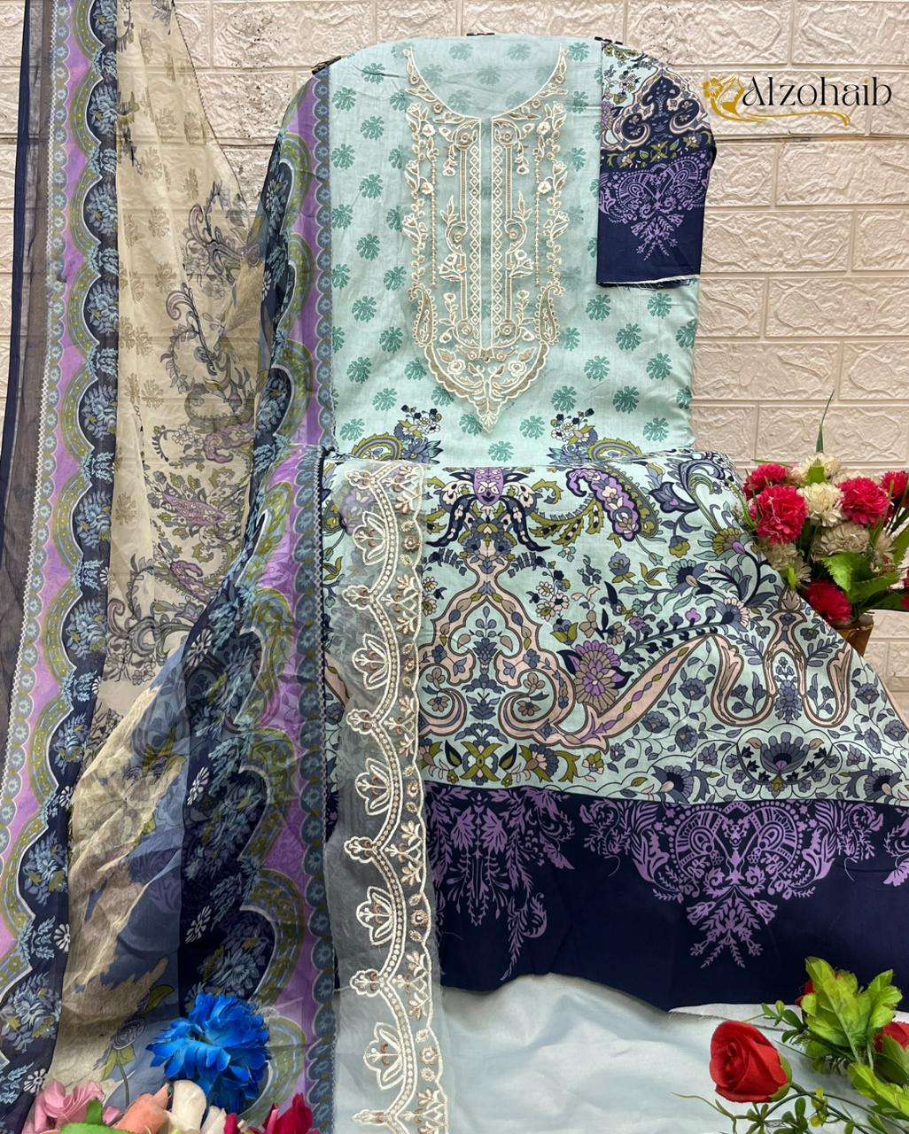 AL ZOHAIB DESIGN NO - 1366 AB - 1367 AB PURE COTTON HEAVY PATCH WORK PAKISTANI SUIT