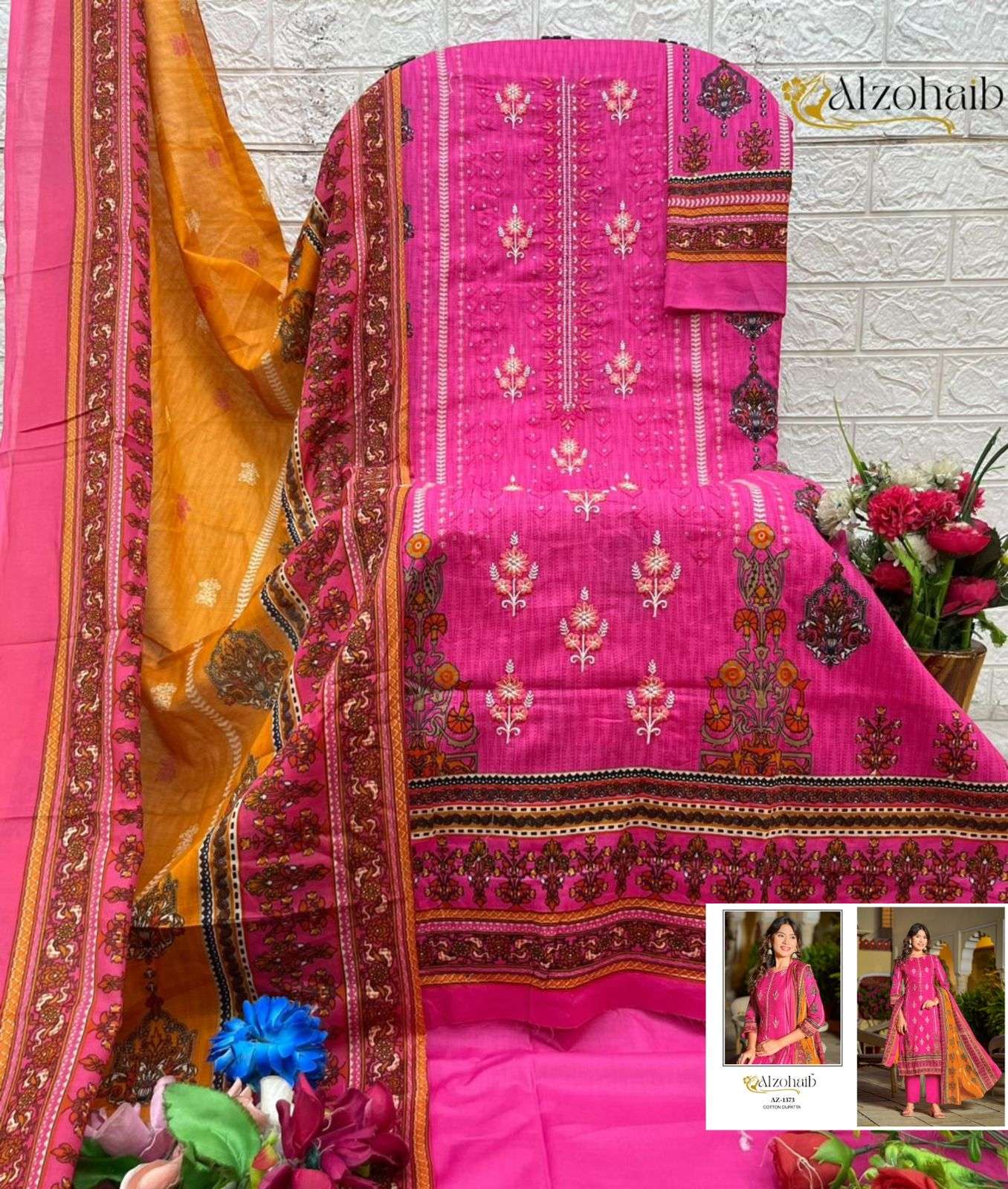 AL ZOHAIB DESIGN NO - 1370 - 1371 - 1372 - 1372 PURE COTTON PRINT HEAVY SELF WORK PAKISTANI SUIT