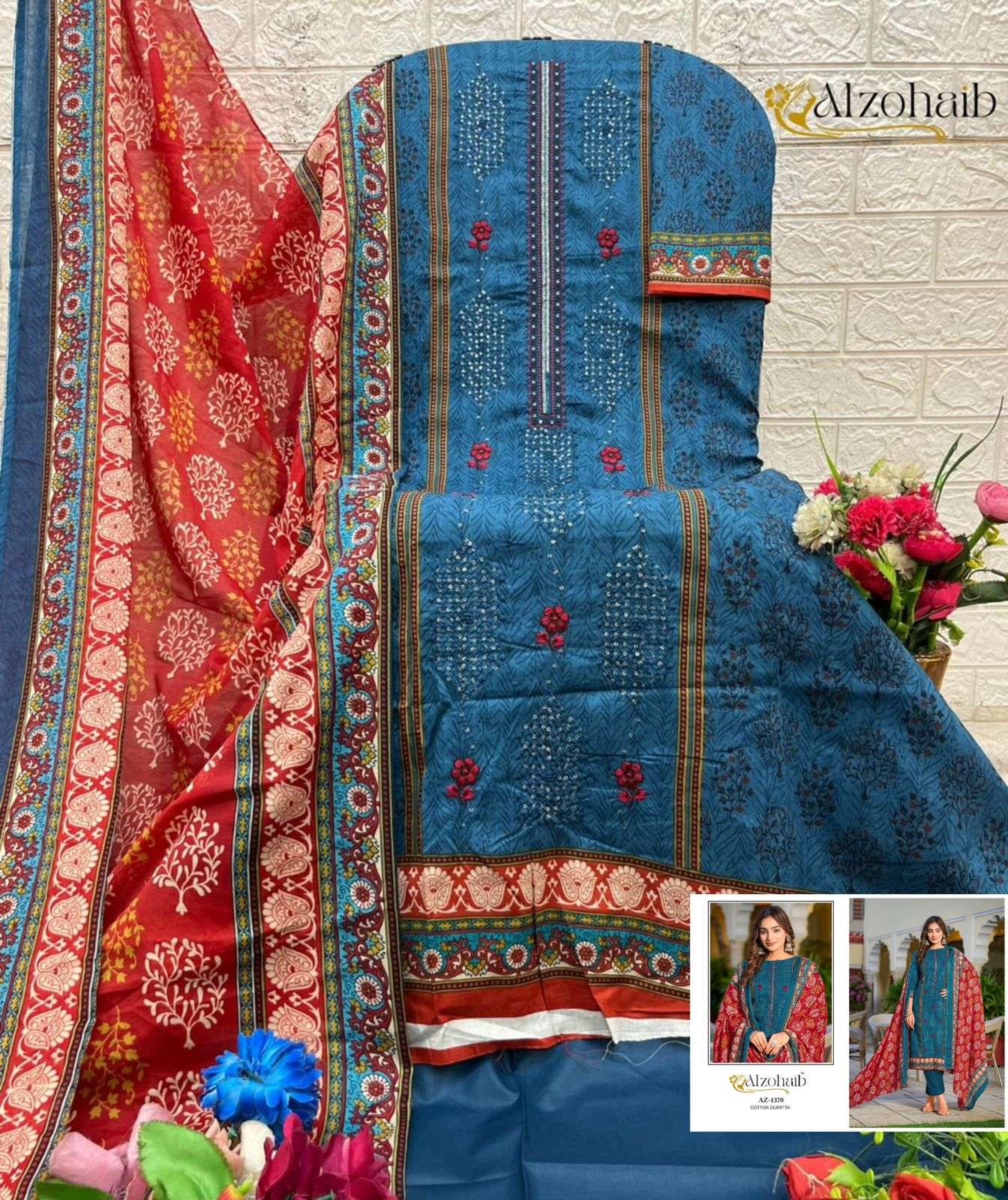 AL ZOHAIB DESIGN NO - 1370 - 1371 - 1372 - 1372 PURE COTTON PRINT HEAVY SELF WORK PAKISTANI SUIT