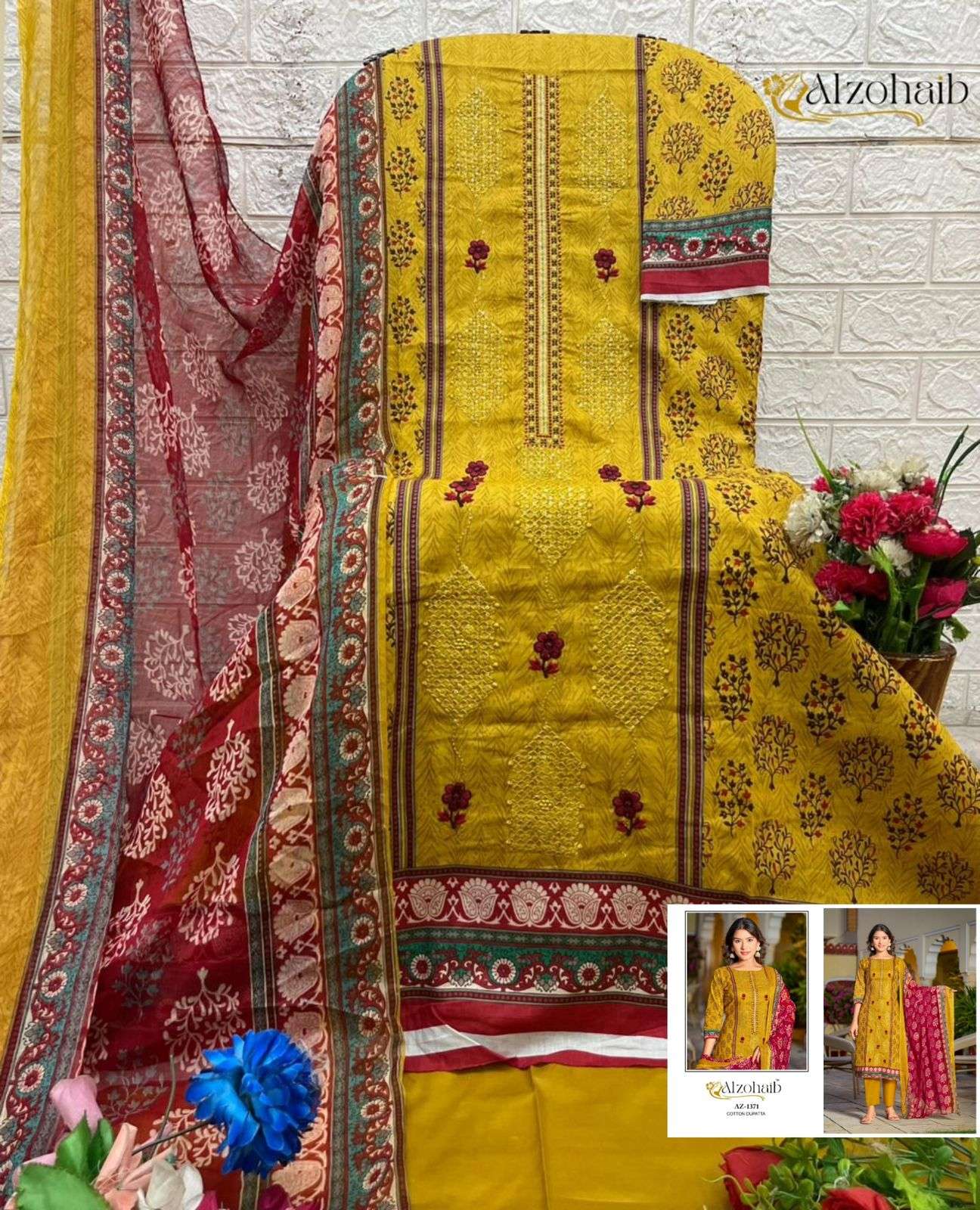 AL ZOHAIB DESIGN NO - 1370 - 1371 - 1372 - 1372 PURE COTTON PRINT HEAVY SELF WORK PAKISTANI SUIT