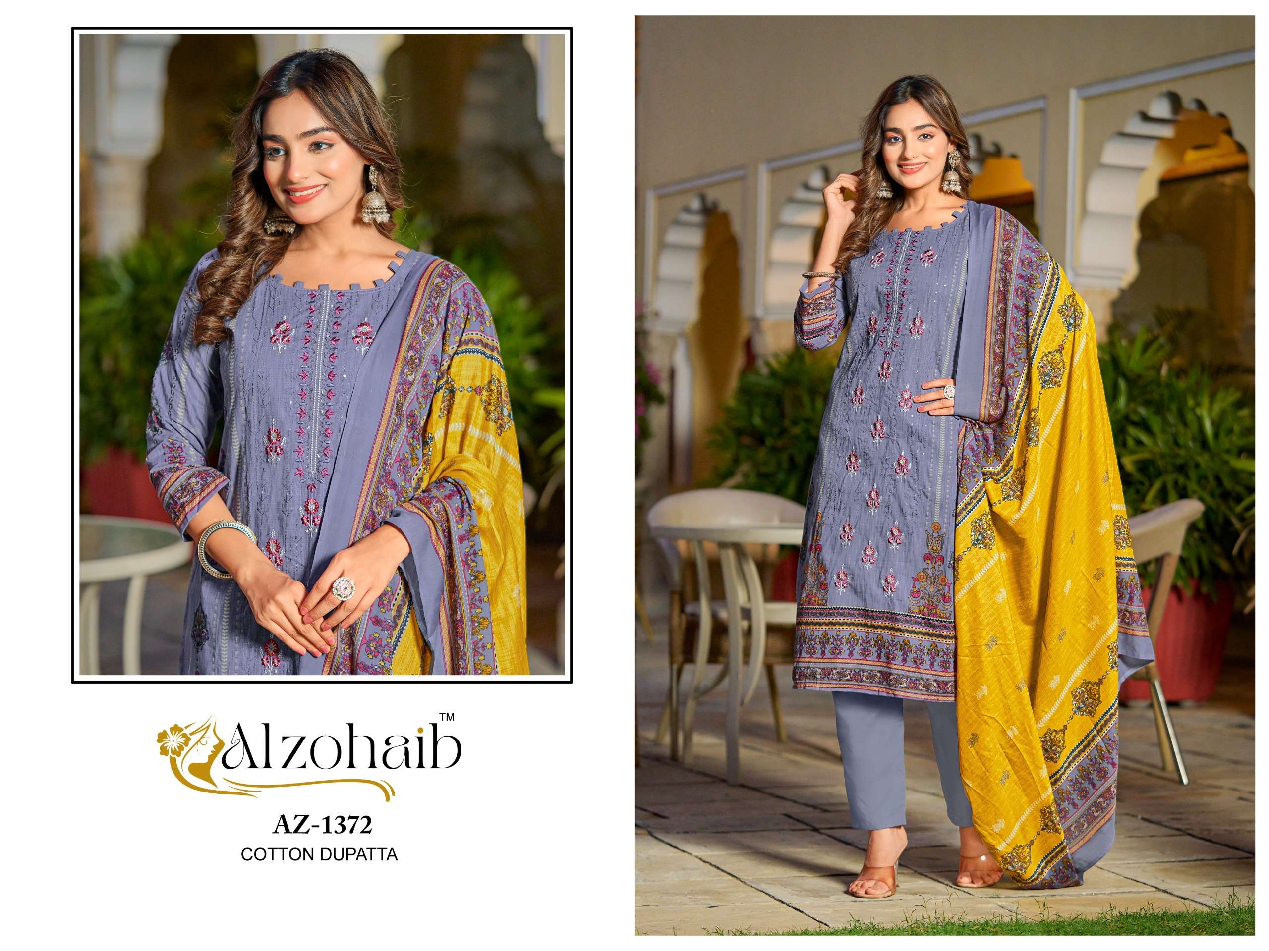 AL ZOHAIB DESIGN NO - 1370 - 1371 - 1372 - 1372 PURE COTTON PRINT HEAVY SELF WORK PAKISTANI SUIT