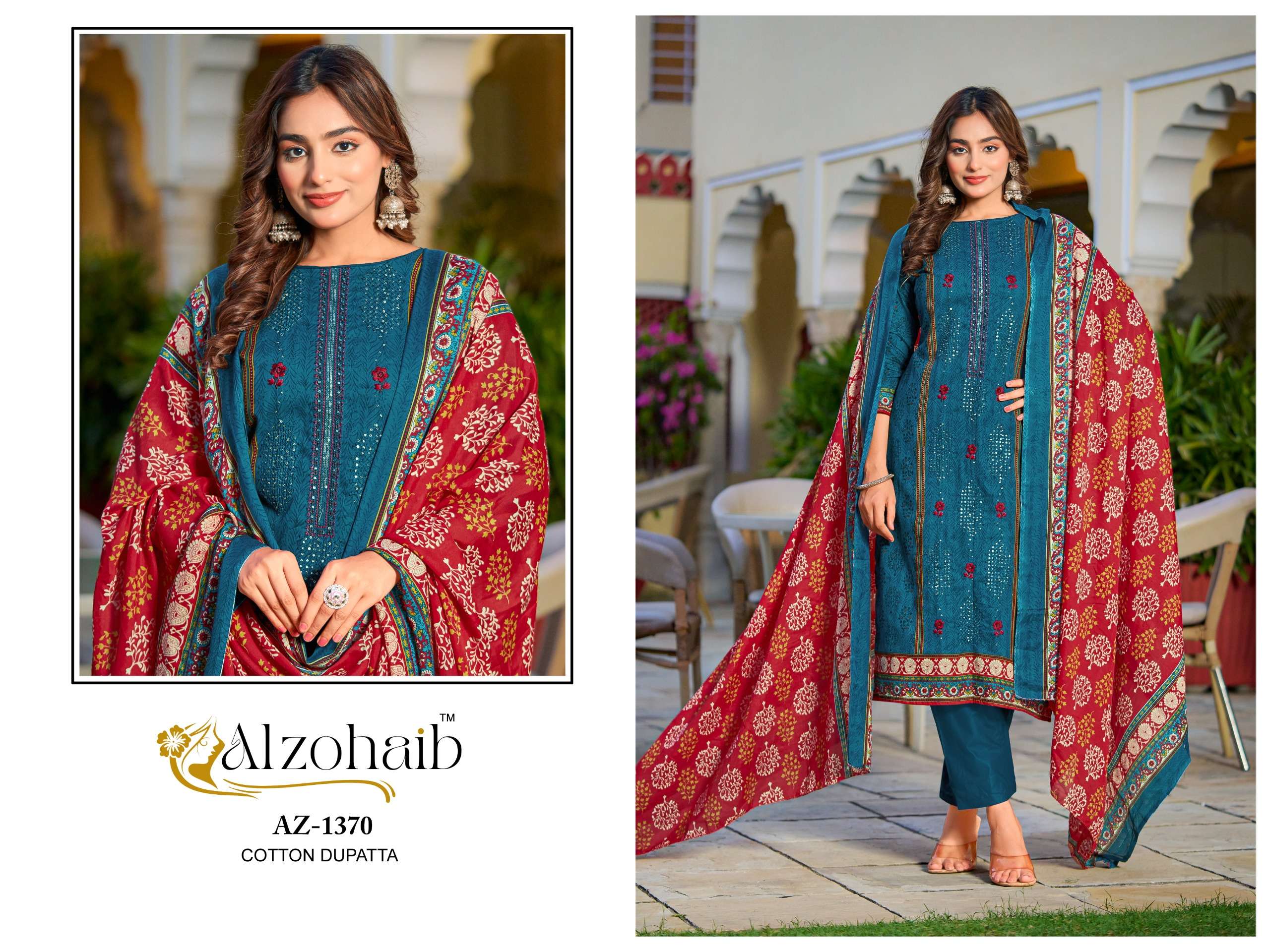 AL ZOHAIB DESIGN NO - 1370 - 1371 - 1372 - 1372 PURE COTTON PRINT HEAVY SELF WORK PAKISTANI SUIT