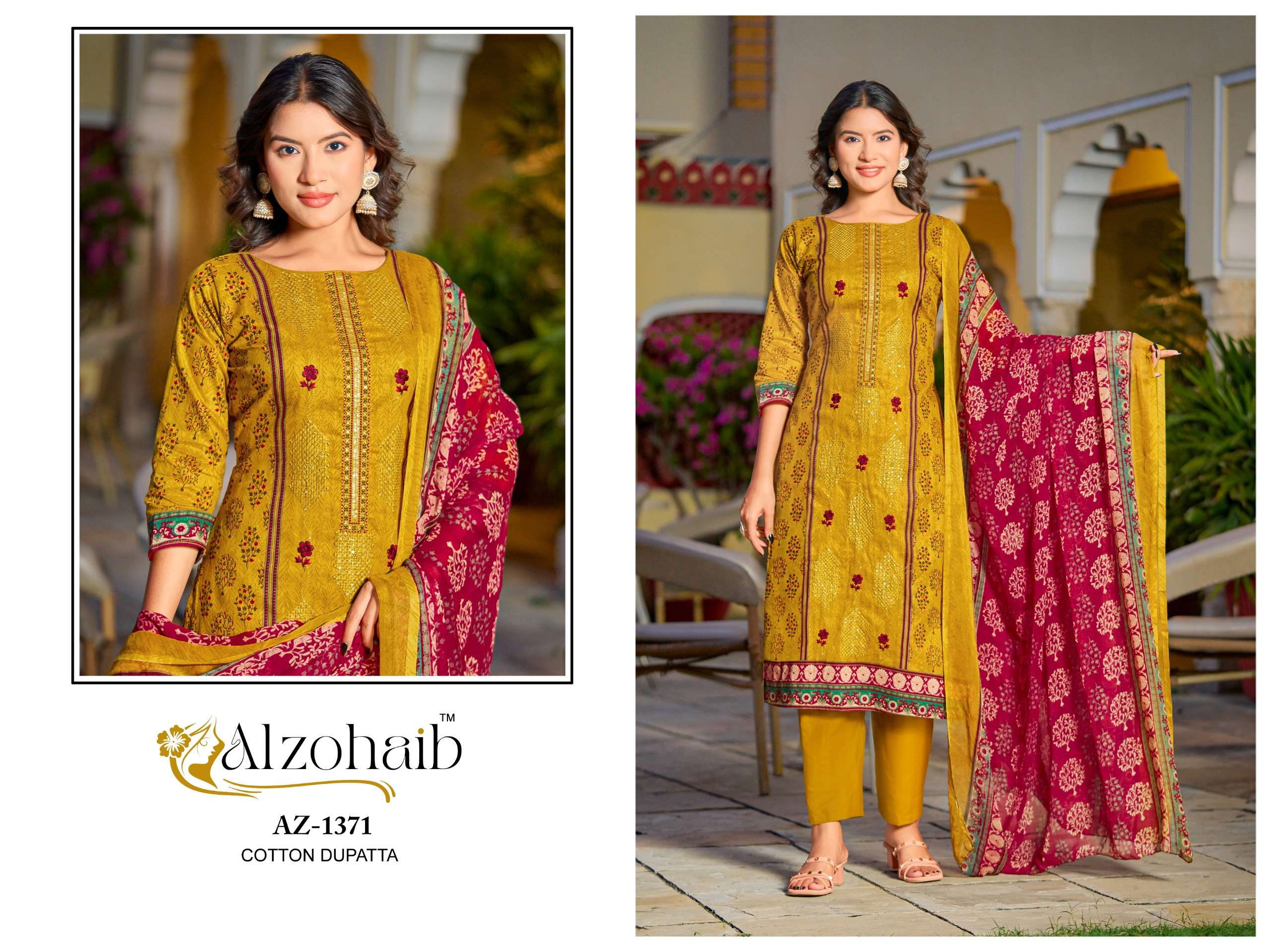 AL ZOHAIB DESIGN NO - 1370 - 1371 - 1372 - 1372 PURE COTTON PRINT HEAVY SELF WORK PAKISTANI SUIT