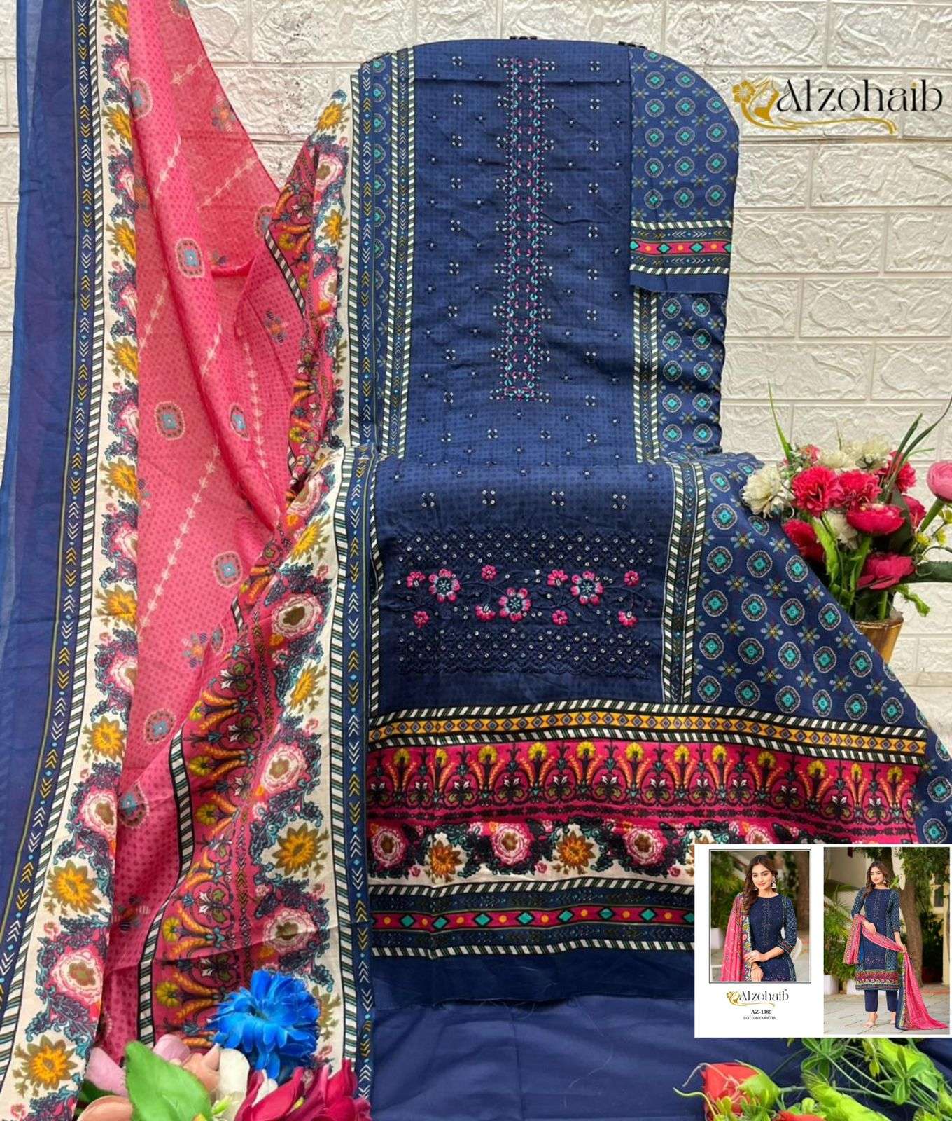 AL ZOHAIB DESIGN NO - 1379-1380-1381 PURE COTTON PRINT HEAVY SELF WORK PAKISTANI SUIT