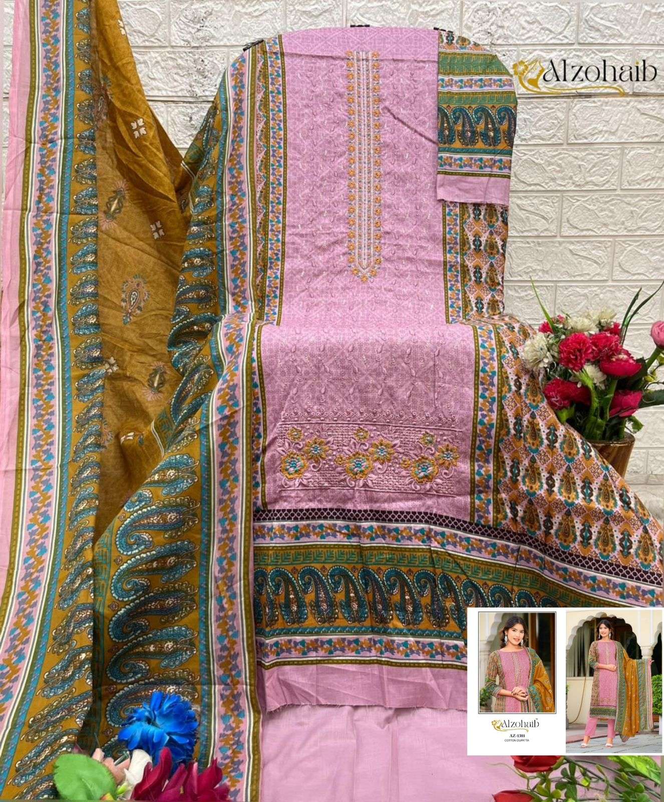 AL ZOHAIB DESIGN NO - 1379-1380-1381 PURE COTTON PRINT HEAVY SELF WORK PAKISTANI SUIT