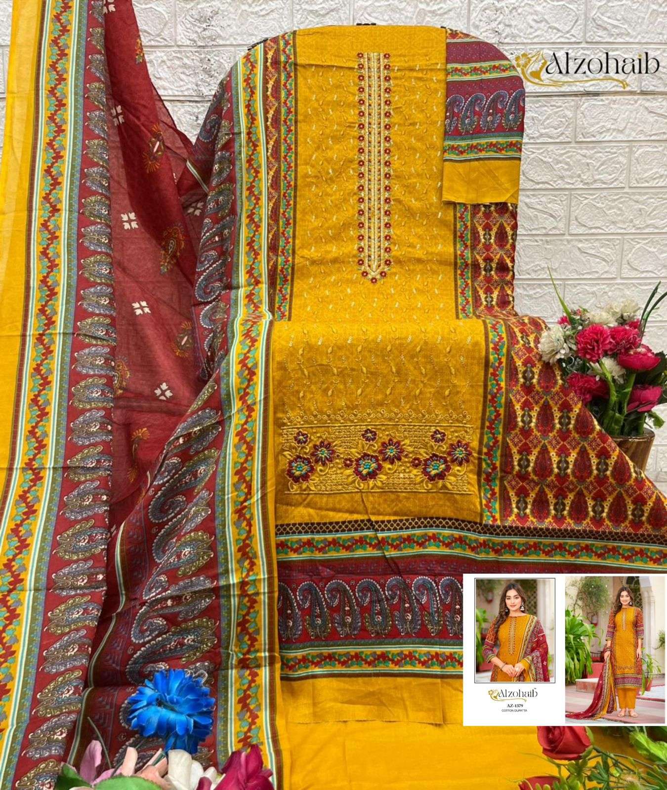AL ZOHAIB DESIGN NO - 1379-1380-1381 PURE COTTON PRINT HEAVY SELF WORK PAKISTANI SUIT