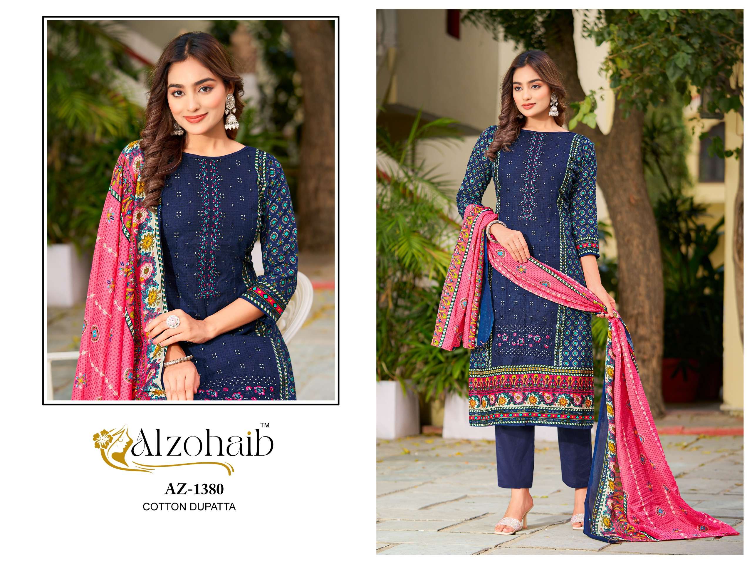 AL ZOHAIB DESIGN NO - 1379-1380-1381 PURE COTTON PRINT HEAVY SELF WORK PAKISTANI SUIT