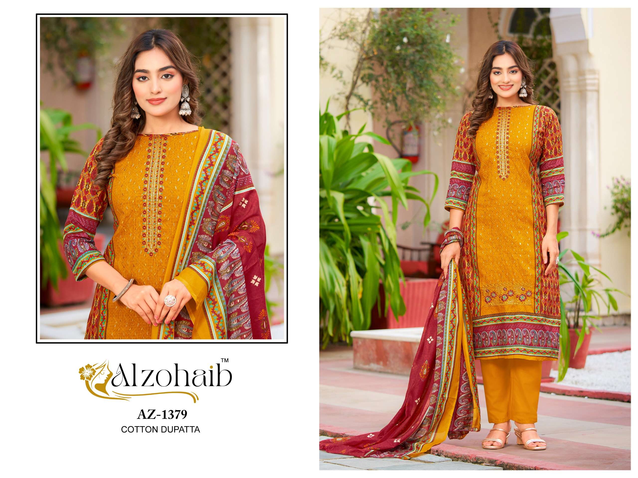 AL ZOHAIB DESIGN NO - 1379-1380-1381 PURE COTTON PRINT HEAVY SELF WORK PAKISTANI SUIT