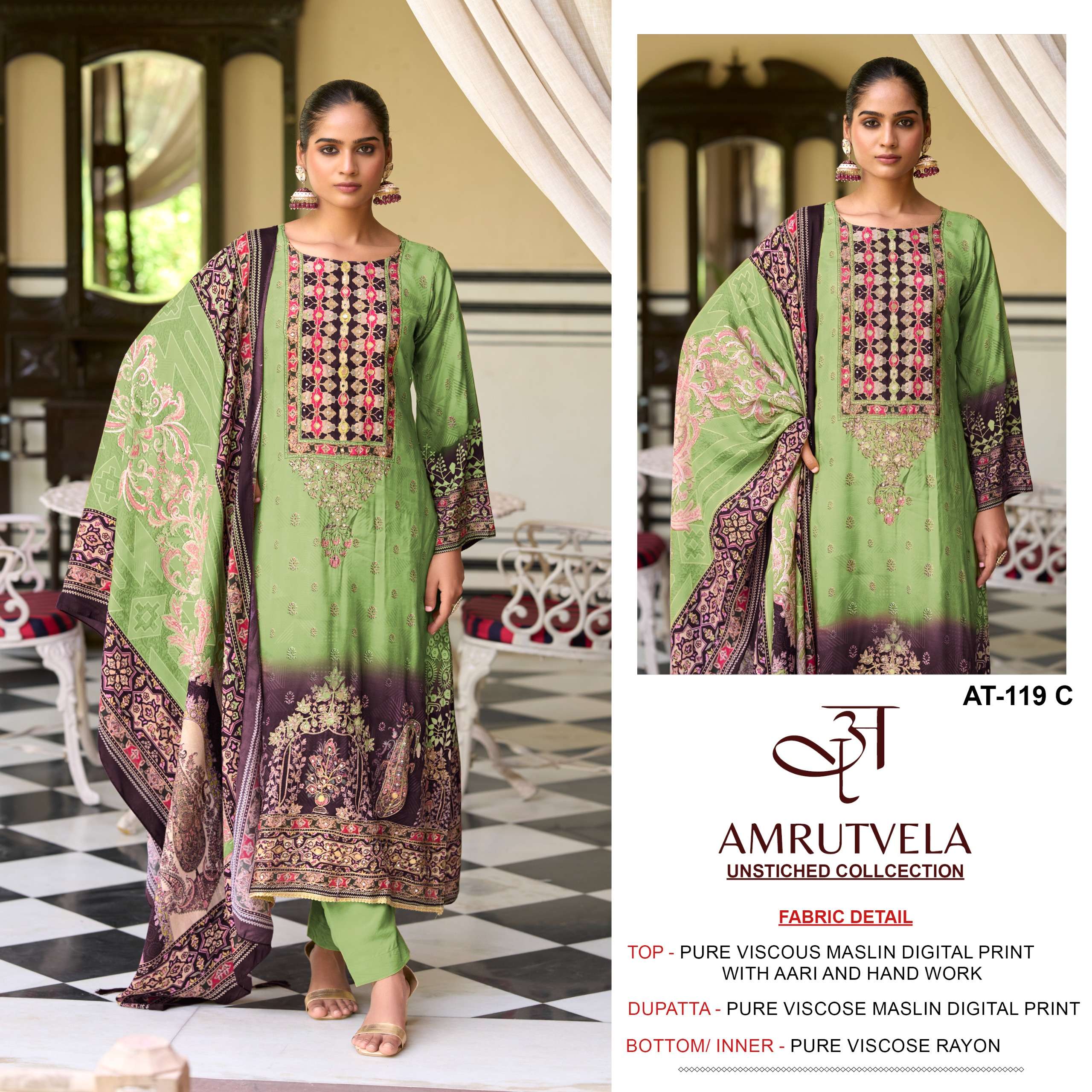 AMRUTVELA AT 119 MUSLIN DIGITAL PRINT WITH FANCY WORK PAKISTANI SUIT