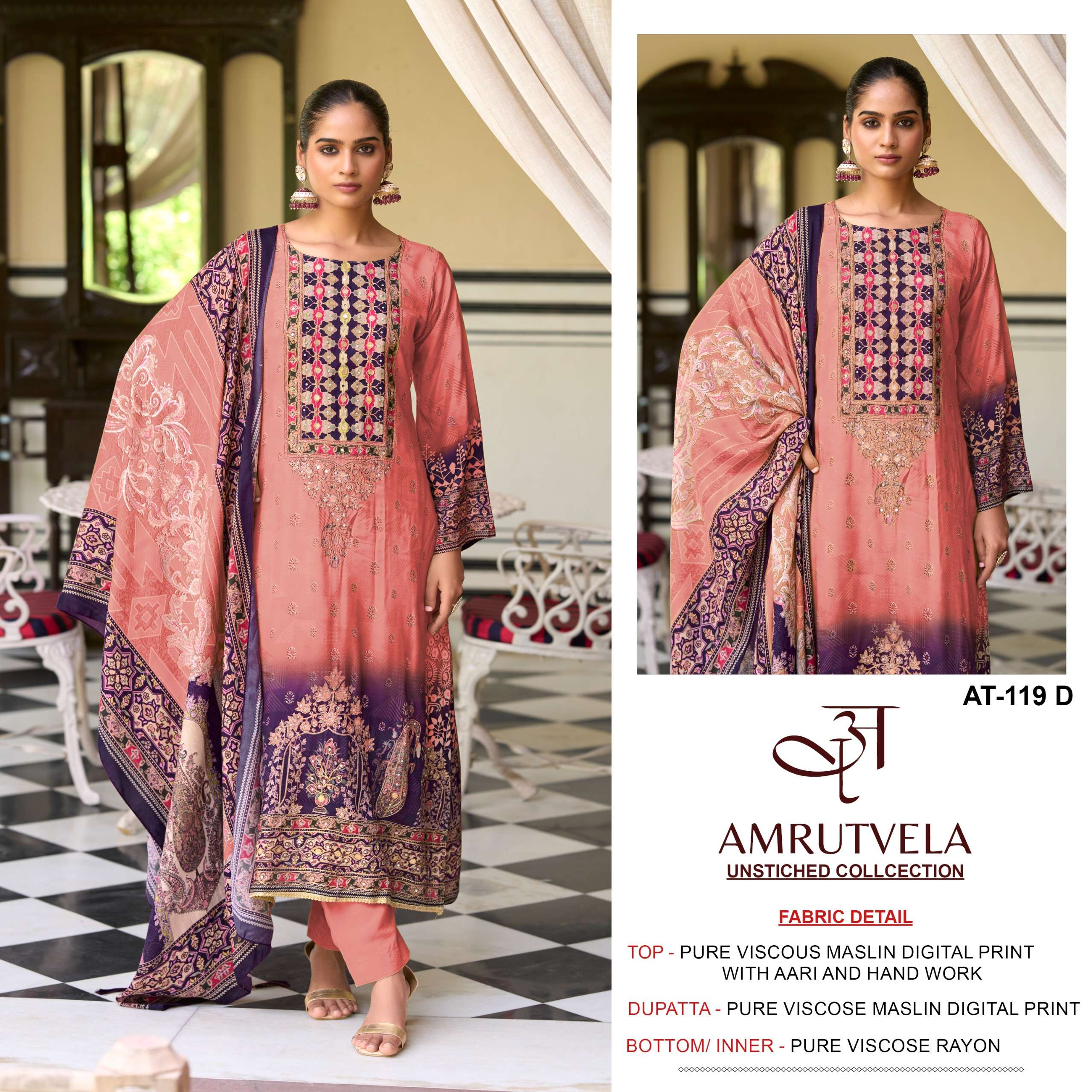 AMRUTVELA AT 119 MUSLIN DIGITAL PRINT WITH FANCY WORK PAKISTANI SUIT