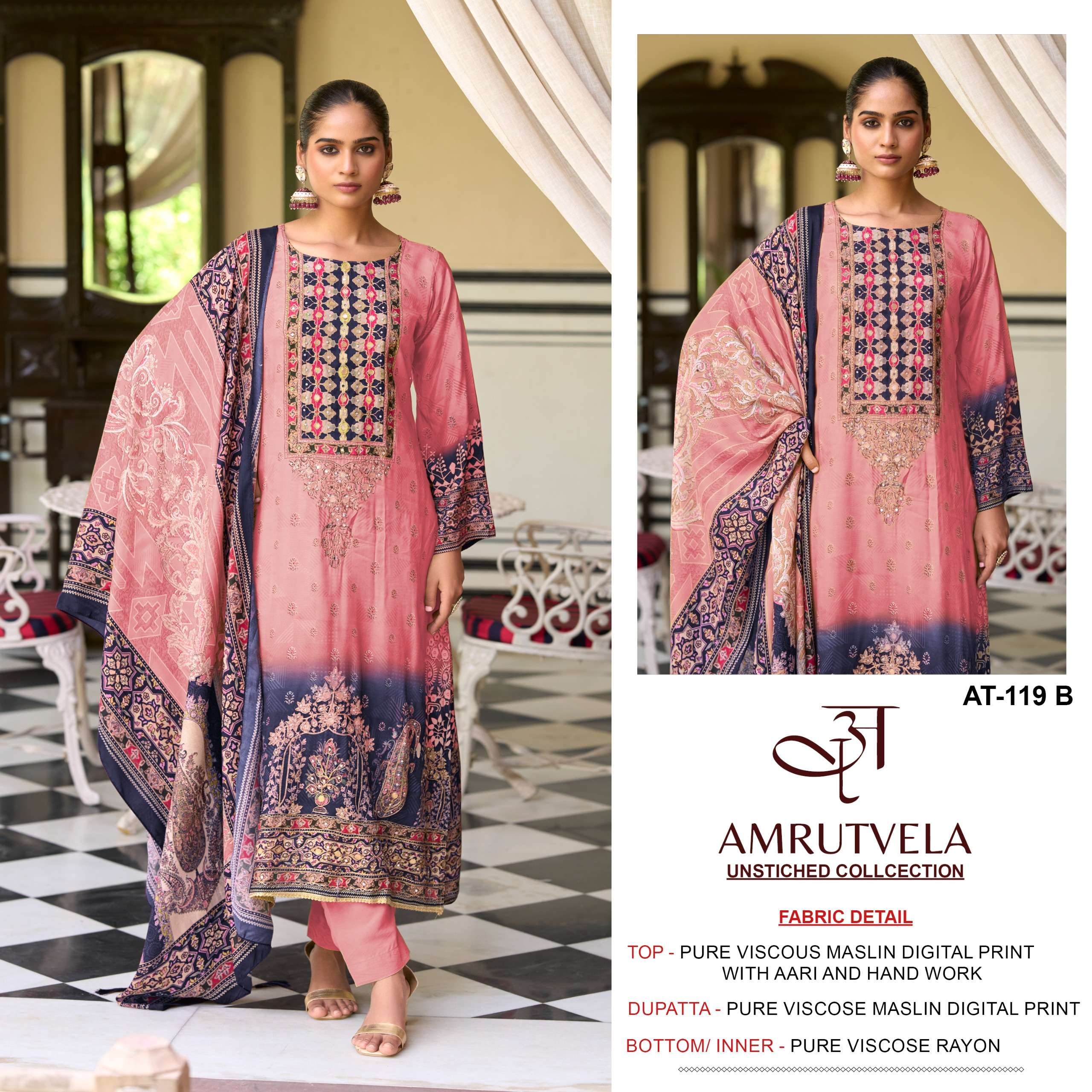 AMRUTVELA AT 119 MUSLIN DIGITAL PRINT WITH FANCY WORK PAKISTANI SUIT