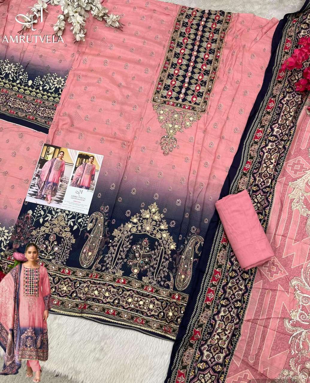 AMRUTVELA AT 119 MUSLIN DIGITAL PRINT WITH FANCY WORK PAKISTANI SUIT