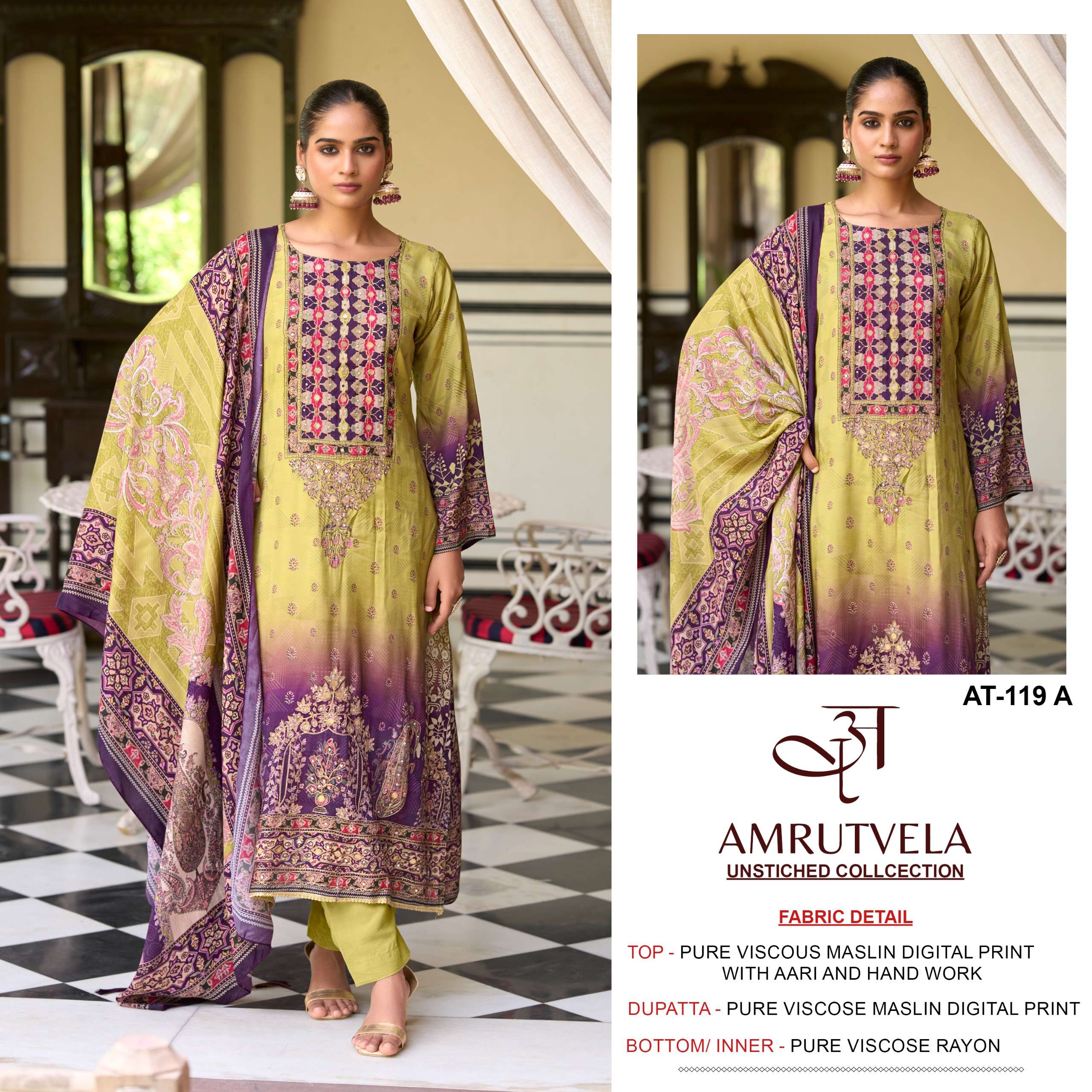 AMRUTVELA AT 119 MUSLIN DIGITAL PRINT WITH FANCY WORK PAKISTANI SUIT