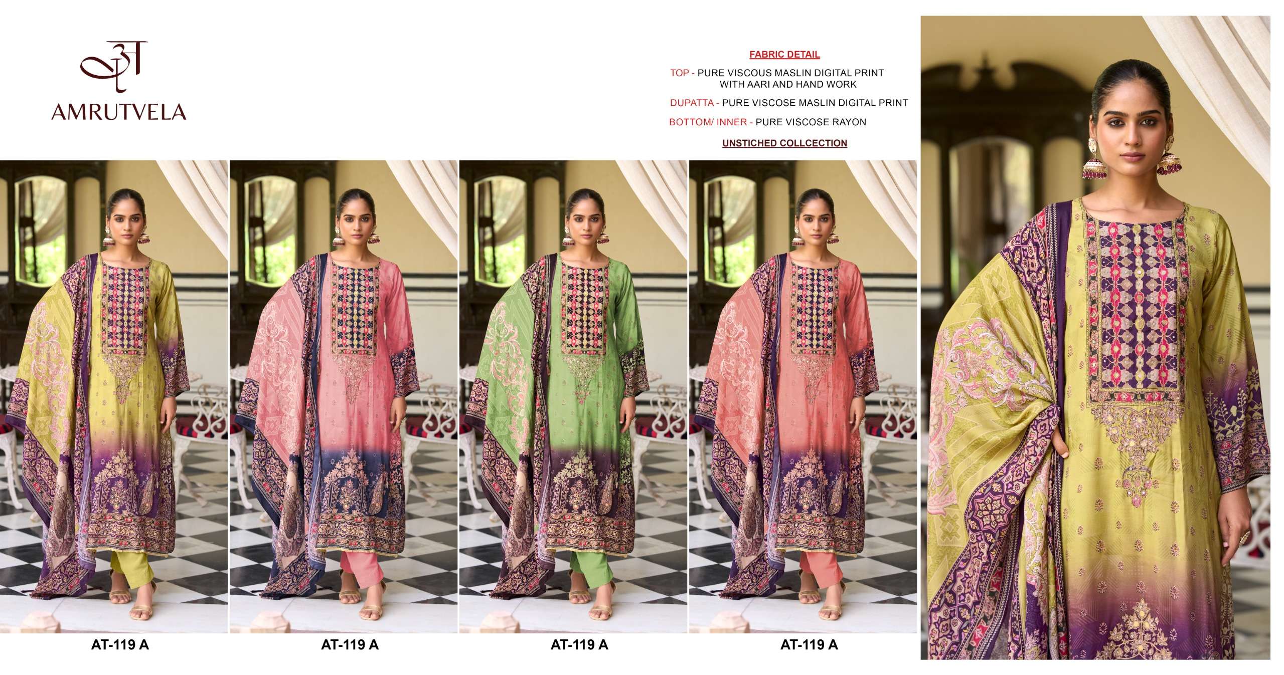 AMRUTVELA AT 119 MUSLIN DIGITAL PRINT WITH FANCY WORK PAKISTANI SUIT