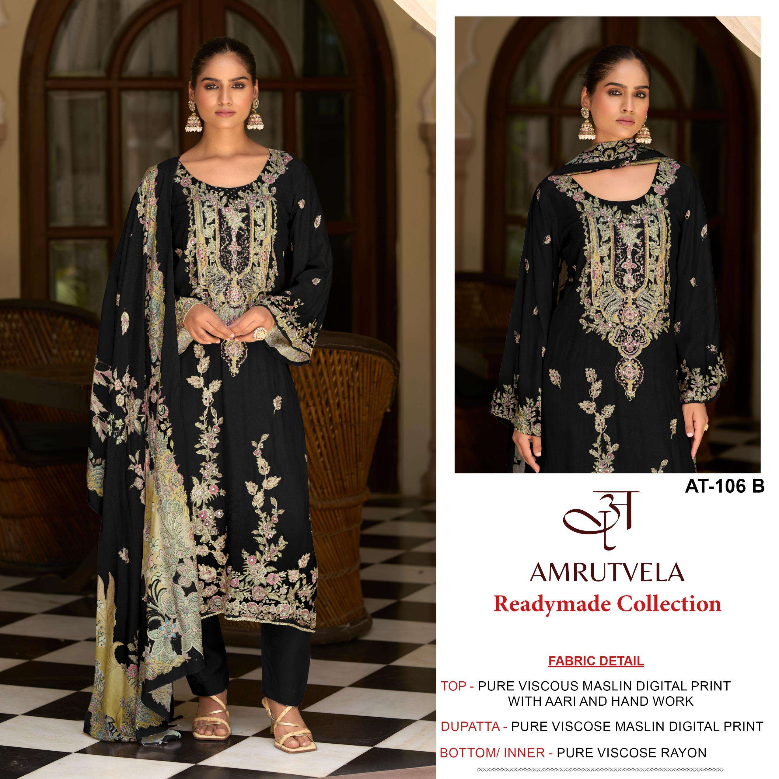 AMRUTVELA DESIGN NO - 106 AB PURE VISCOSE MUSLIN DIGITAL PRINT AARI HANDWORK PAKISTANI SUIT