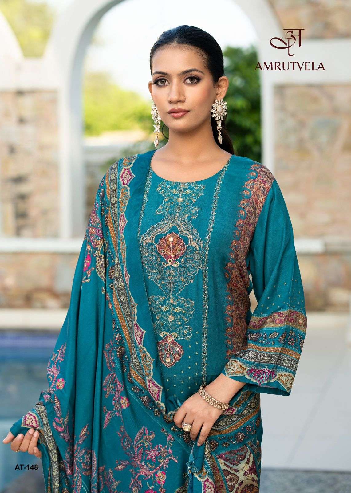 AMRUTVELA DESIGN NO - 148 ABCD PURE VISCOSE MUSLIN DIGITAL PRINT AARI HANDWORK PAKISTANI SUIT
