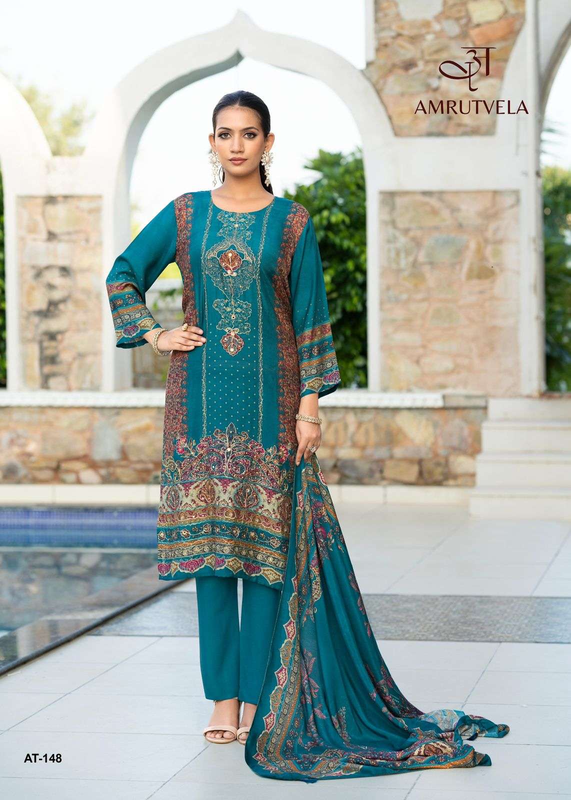 AMRUTVELA DESIGN NO - 148 ABCD PURE VISCOSE MUSLIN DIGITAL PRINT AARI HANDWORK PAKISTANI SUIT