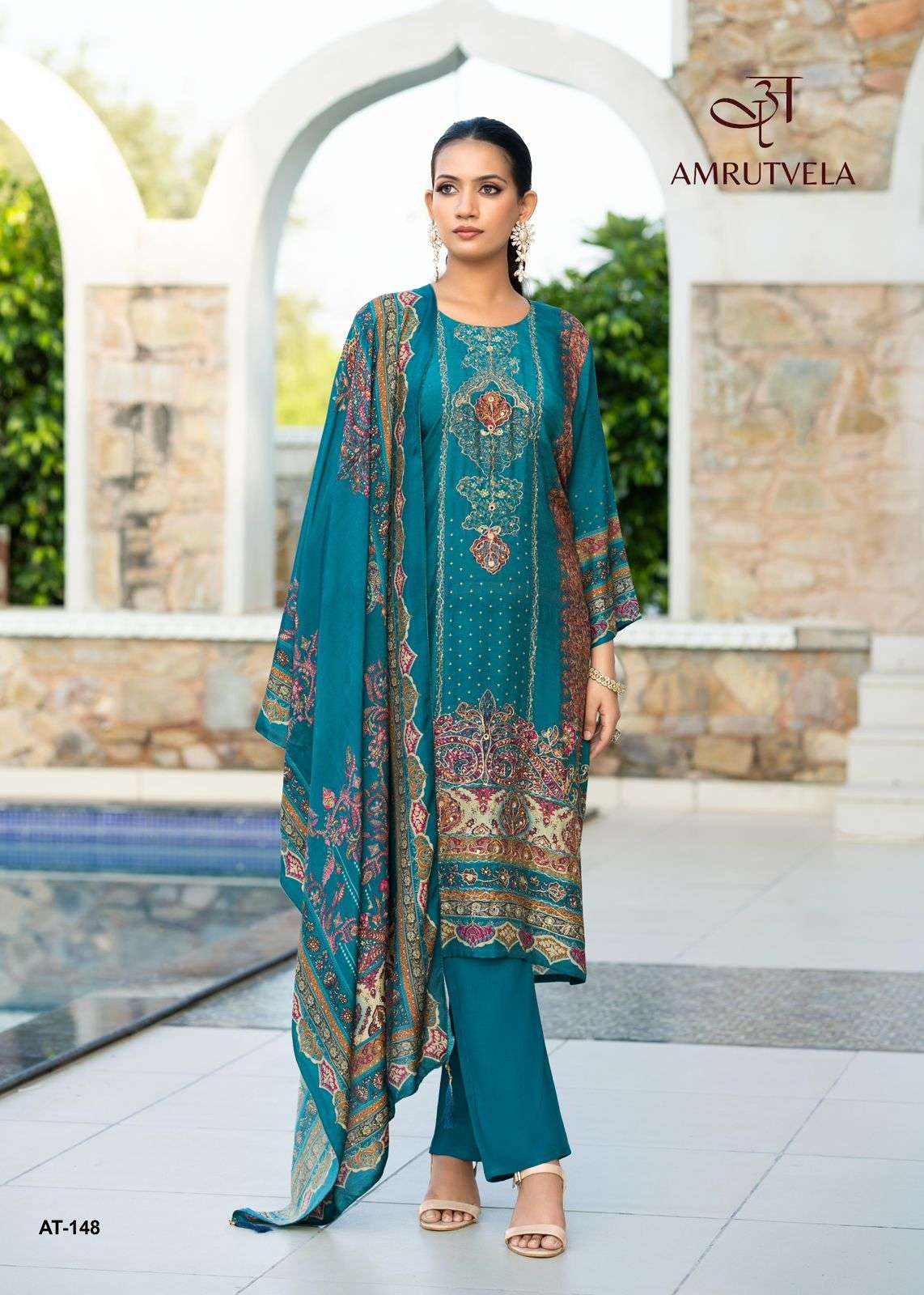 AMRUTVELA DESIGN NO - 148 ABCD PURE VISCOSE MUSLIN DIGITAL PRINT AARI HANDWORK PAKISTANI SUIT