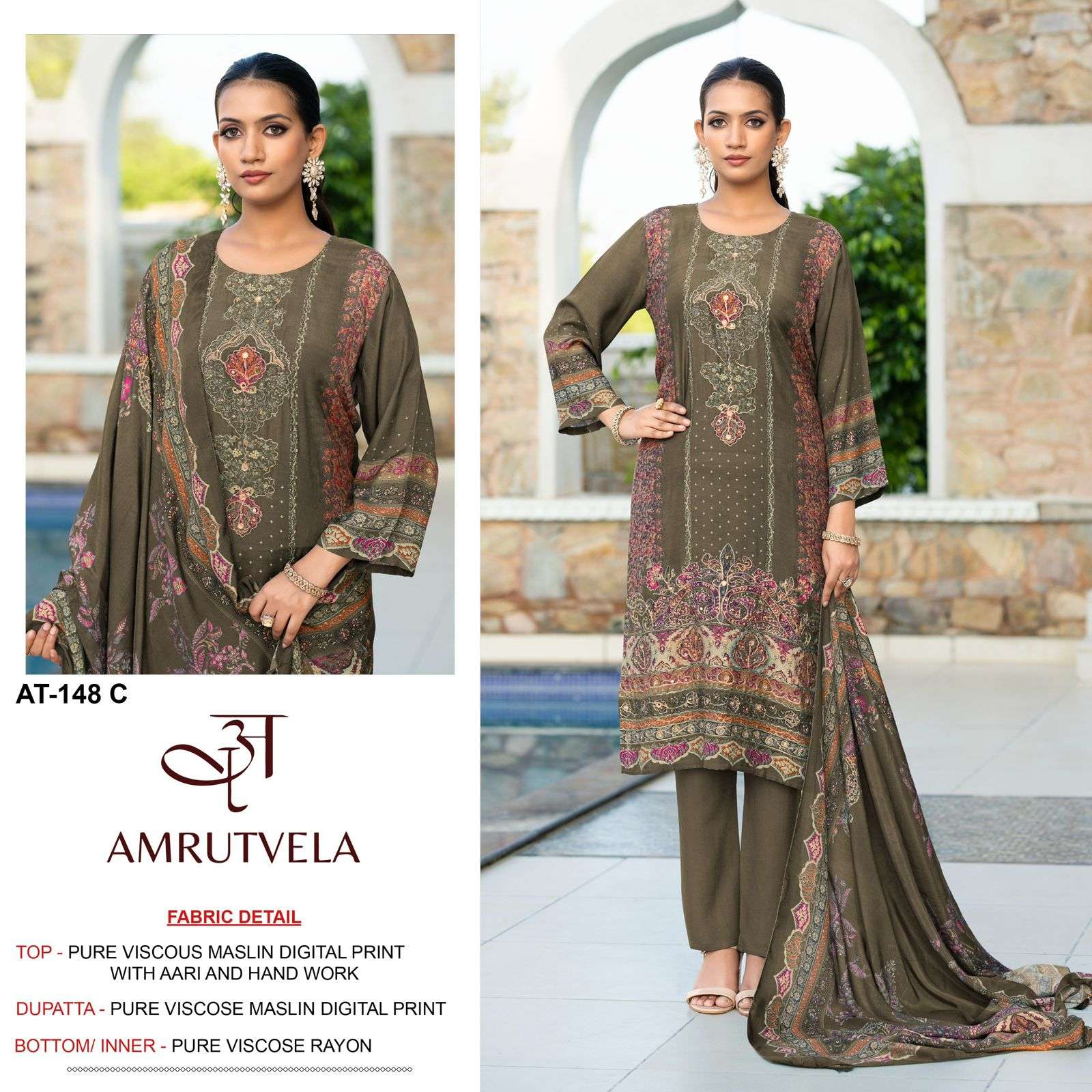 AMRUTVELA DESIGN NO - 148 ABCD PURE VISCOSE MUSLIN DIGITAL PRINT AARI HANDWORK PAKISTANI SUIT