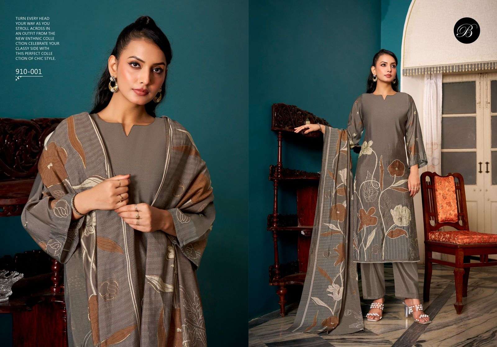 BELLIZA DESIGNER STUDIO BETAAB VISCOSE PRINT WITH FANCY EMBROIDERY WORK SUIT