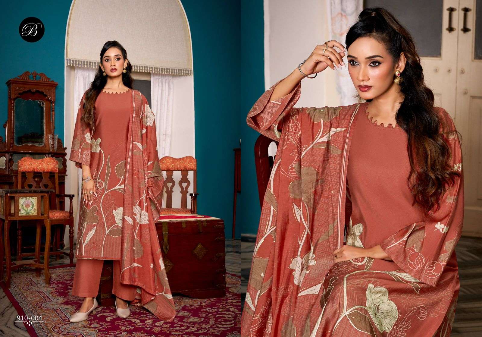BELLIZA DESIGNER STUDIO BETAAB VISCOSE PRINT WITH FANCY EMBROIDERY WORK SUIT