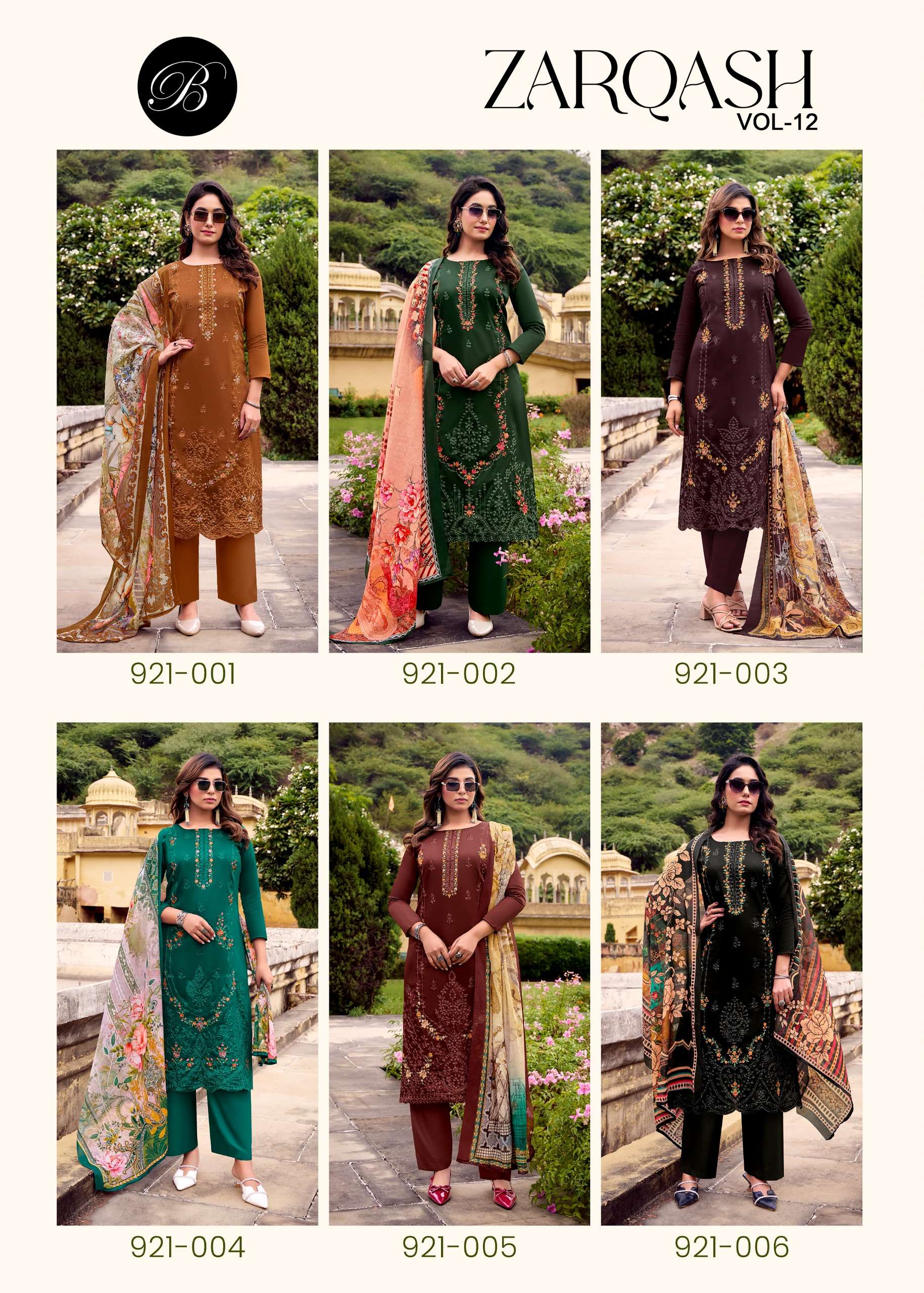 BELLIZA DESIGNER STUDIO ZARQASH VOL 12 JAM SATIN EMBROIDERY WORK SUIT