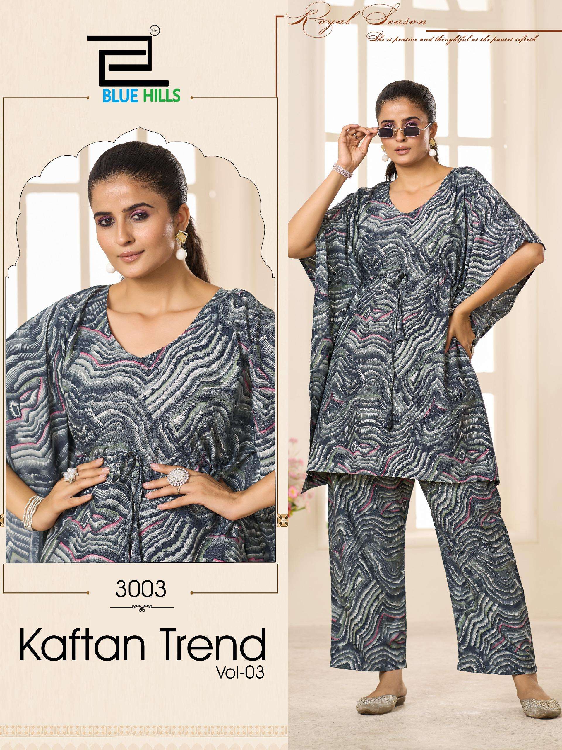 BLUE HILLS KAFTAN TREND VOL 3 CREPE PRINT KURTI WITH PANTS  