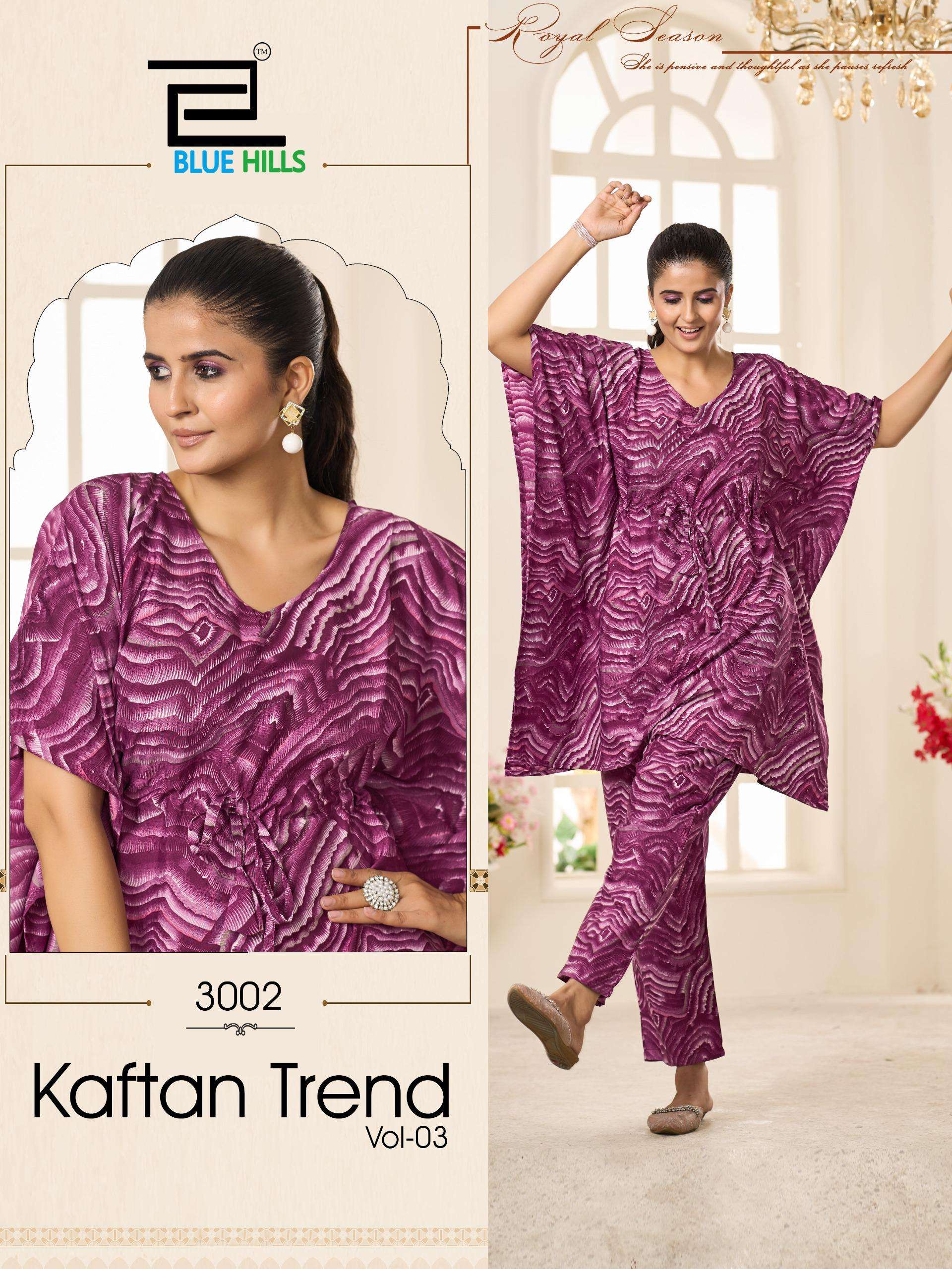 BLUE HILLS KAFTAN TREND VOL 3 CREPE PRINT KURTI WITH PANTS  