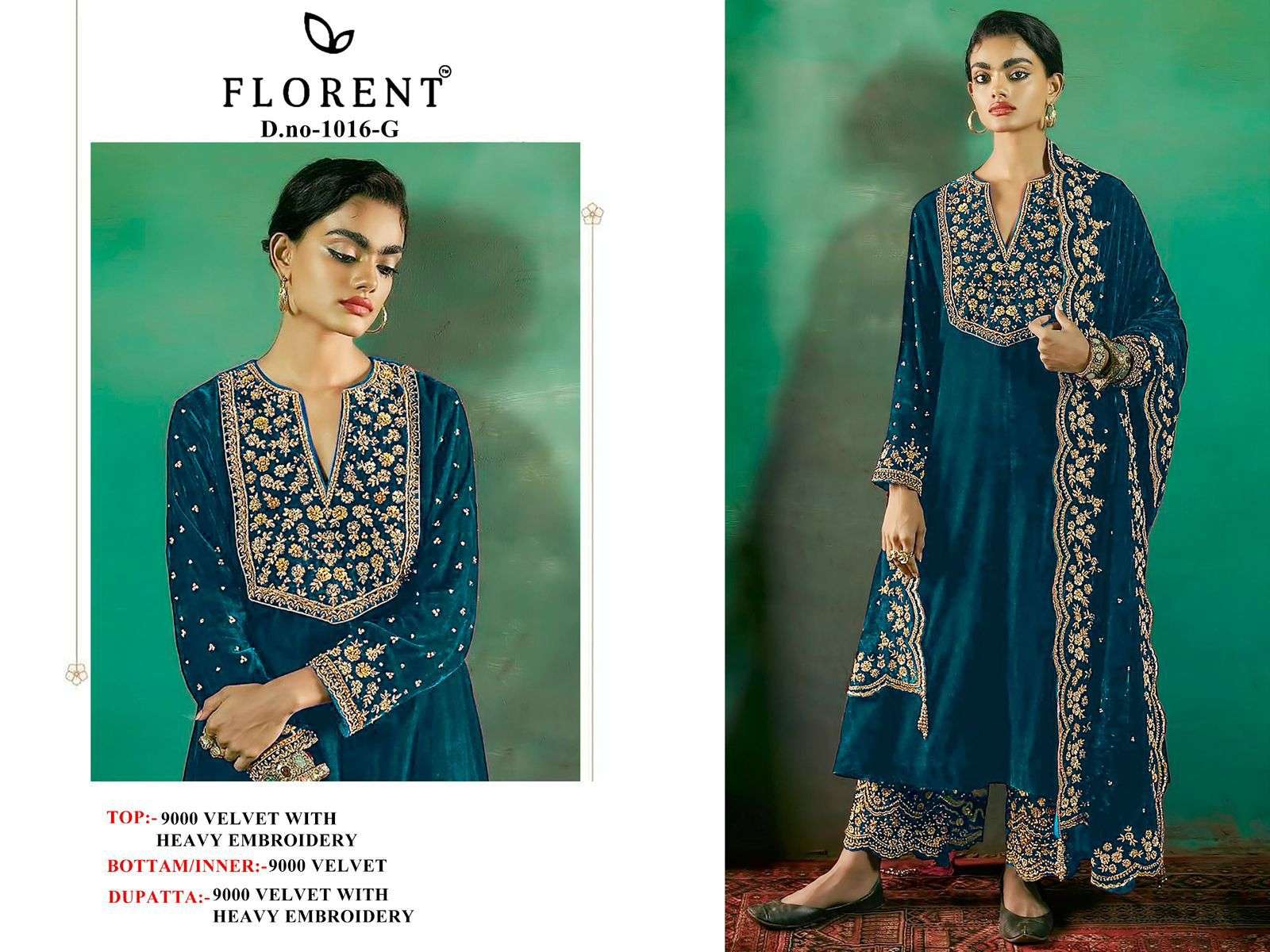 FLORENT TM DESIGN NO - 1016 EFGHI VELVET HEAVY EMBROIDERED PAKISTANI SUIT
