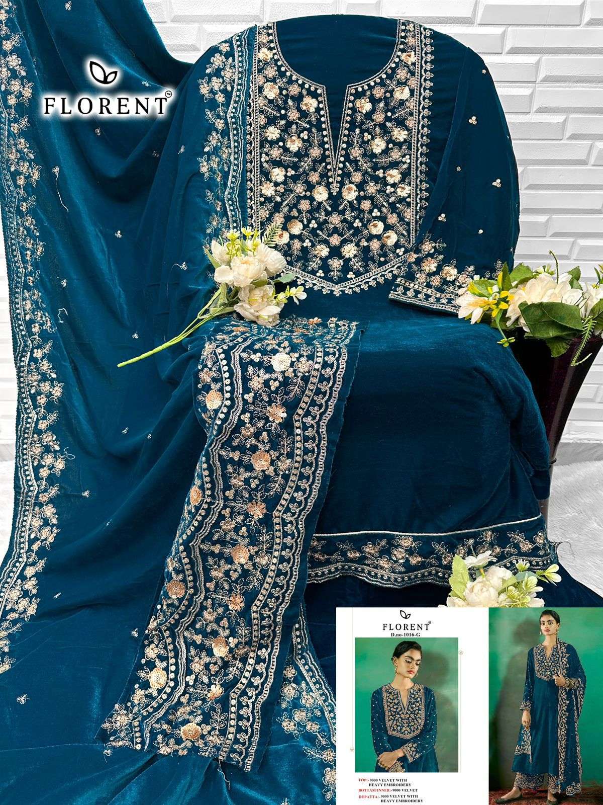 FLORENT TM DESIGN NO - 1016 EFGHI VELVET HEAVY EMBROIDERED PAKISTANI SUIT