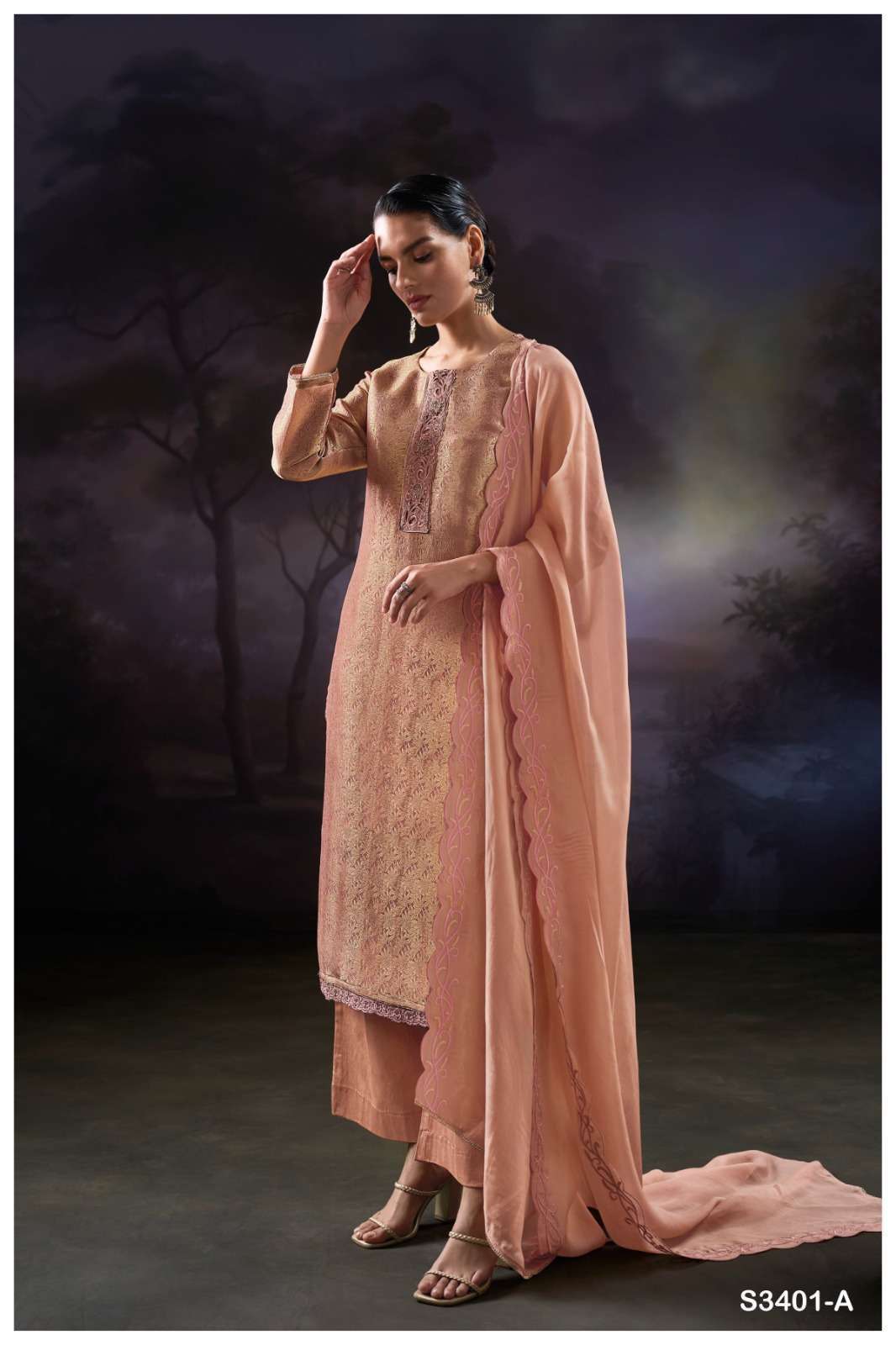 GANGA LAMA 3401 SILK JACQUARD EMBROIDERY DESIGNER WORK SUIT