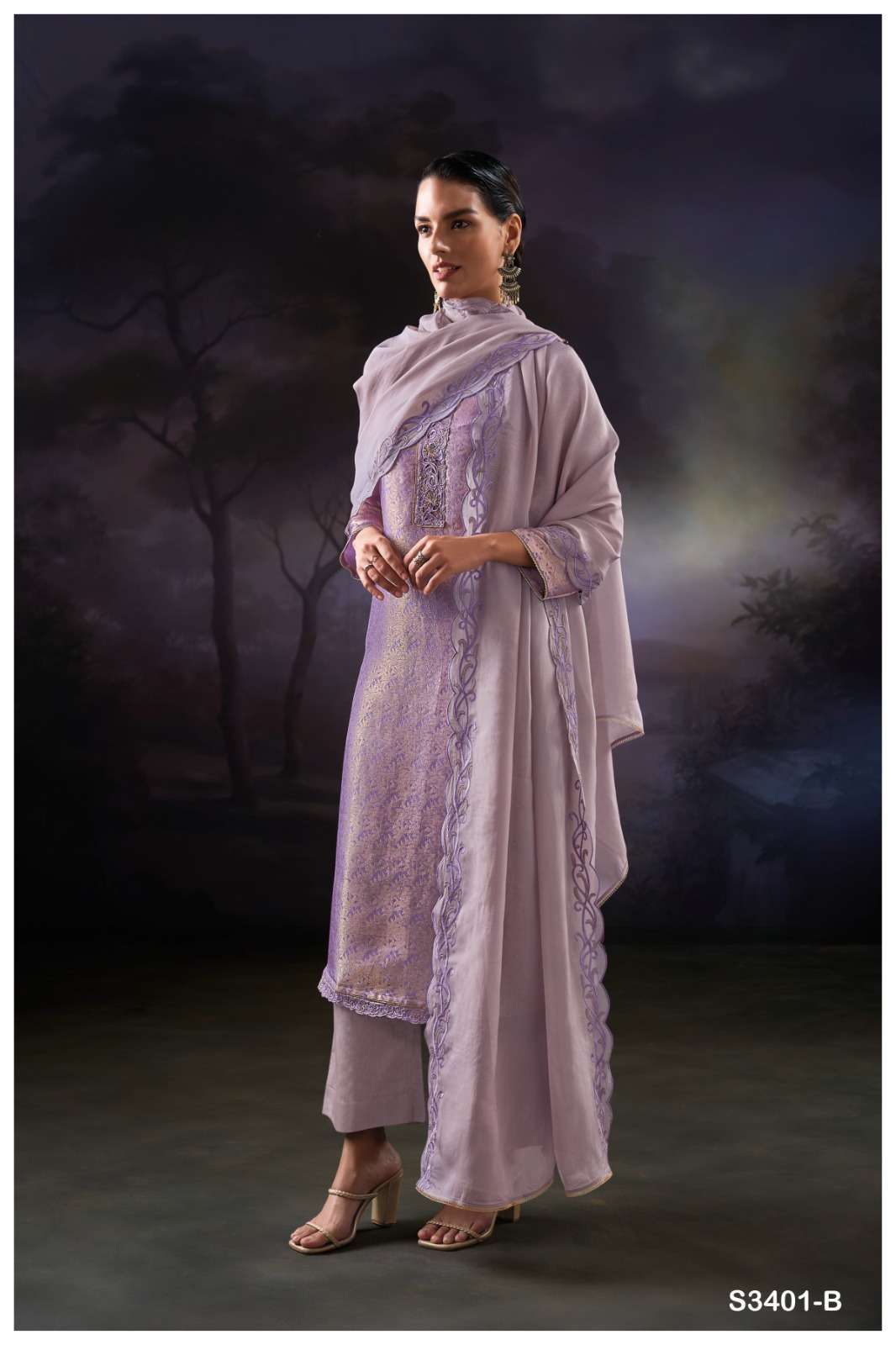 GANGA LAMA 3401 SILK JACQUARD EMBROIDERY DESIGNER WORK SUIT