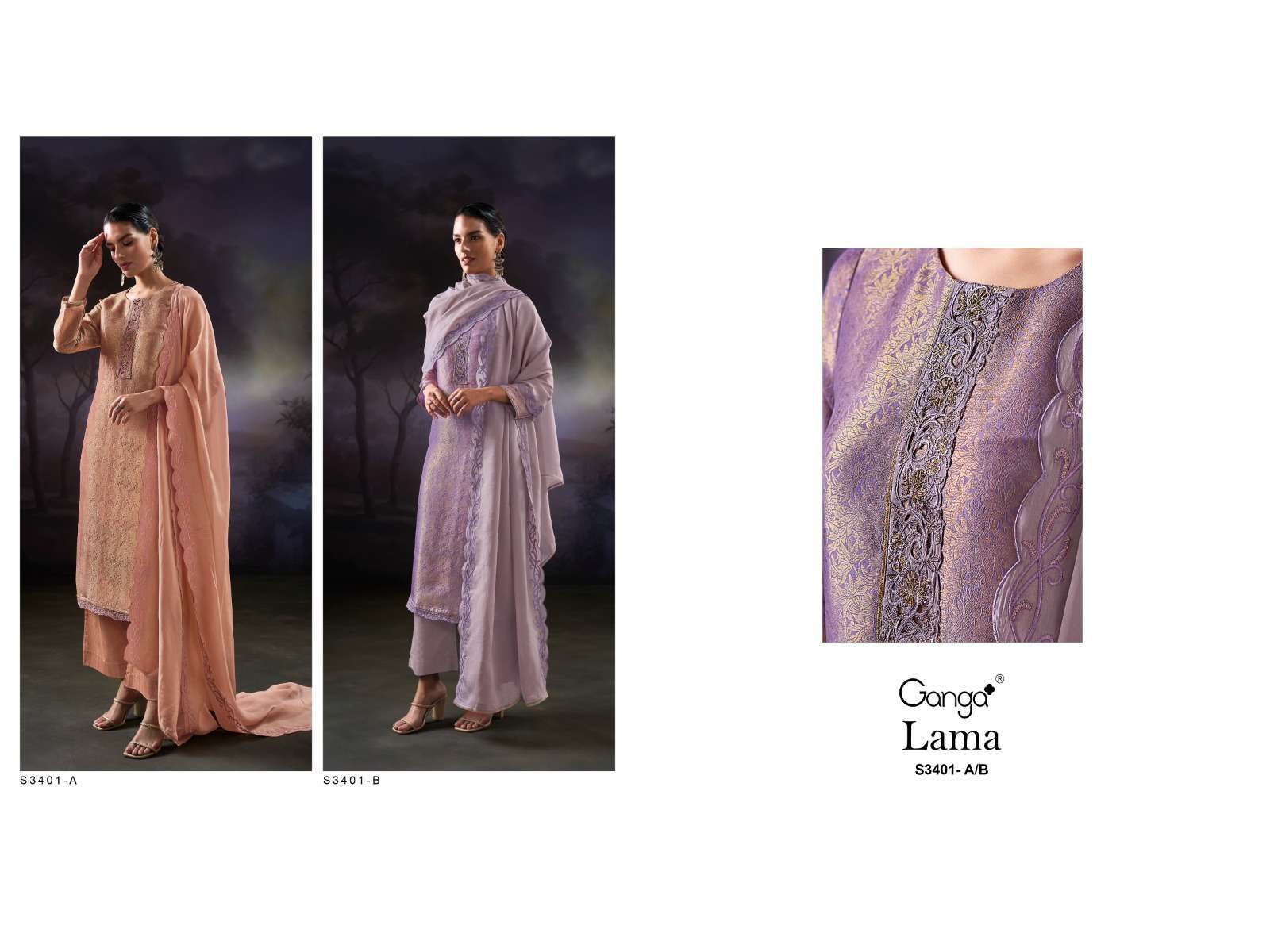 GANGA LAMA 3401 SILK JACQUARD EMBROIDERY DESIGNER WORK SUIT