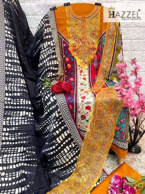 HAZEEL DESIGN NO - 0129 PURE COTTON PRINT EMBROIDERED PATCH PAKISTANI SUIT