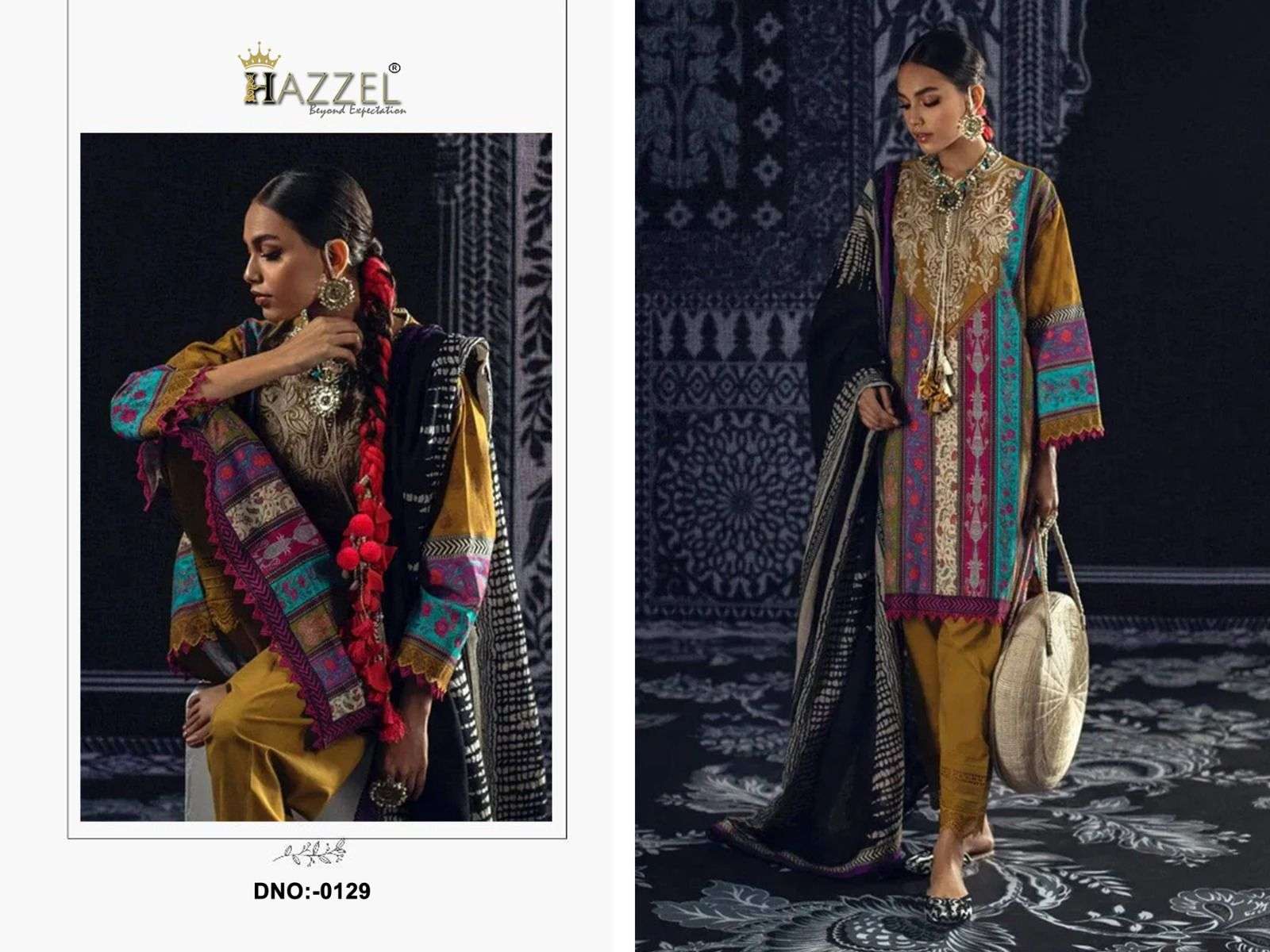 HAZEEL DESIGN NO - 0129 PURE COTTON PRINT EMBROIDERED PATCH PAKISTANI SUIT