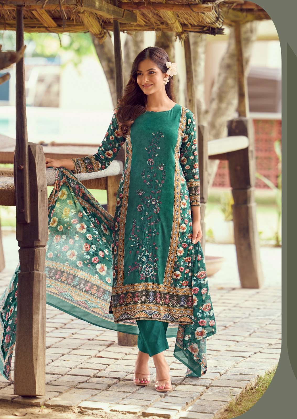 HERMITAGE CLOTHING CASHMERE VOL 3 LAWN COTTON PRINT WITH FANCY WORK SUIT