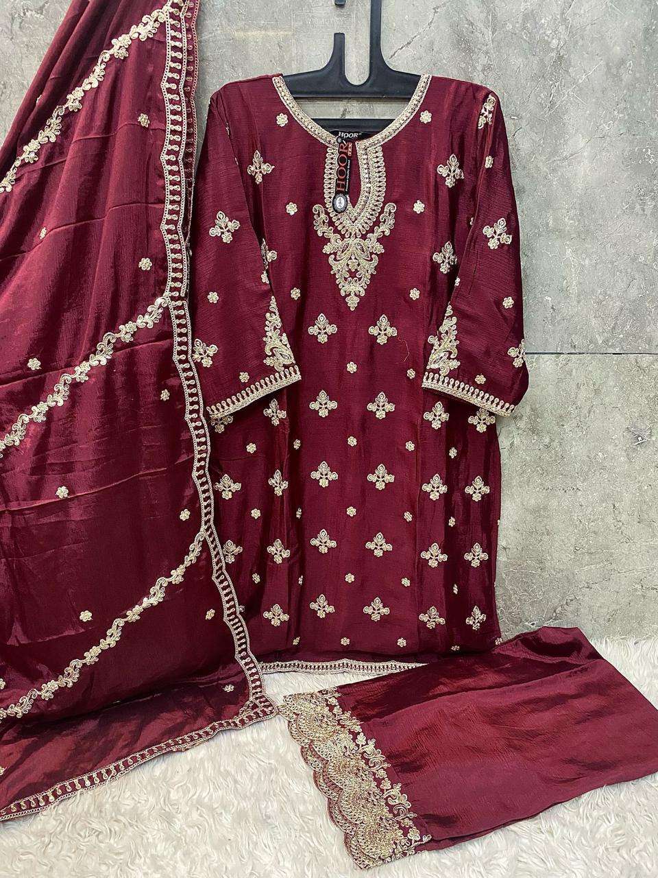 HOOR TEX DESIGN NO - HF 130 A-D HEAVY CHINON READYMADE PAKISTANI SUIT 