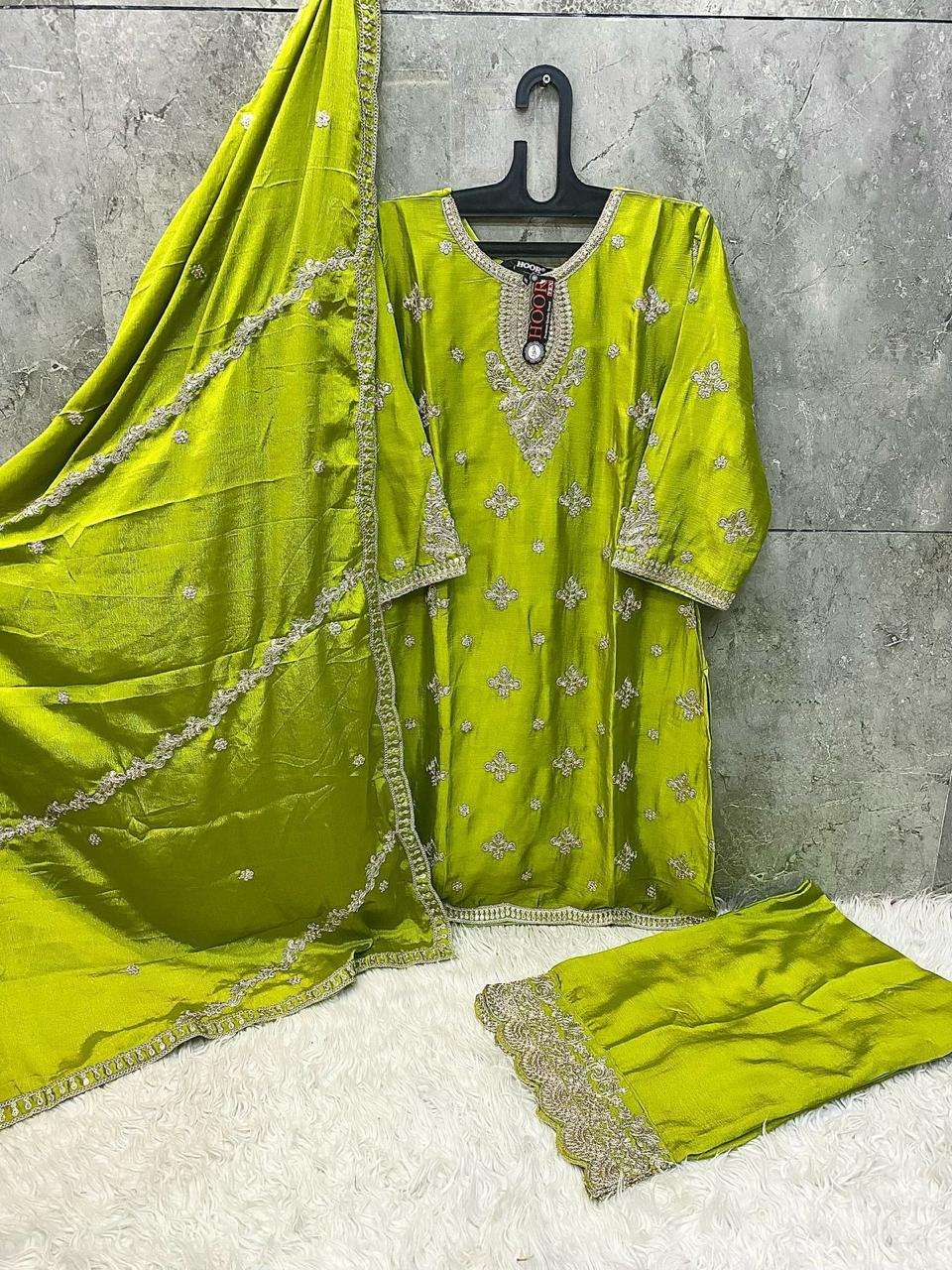 HOOR TEX DESIGN NO - HF 130 A-D HEAVY CHINON READYMADE PAKISTANI SUIT 