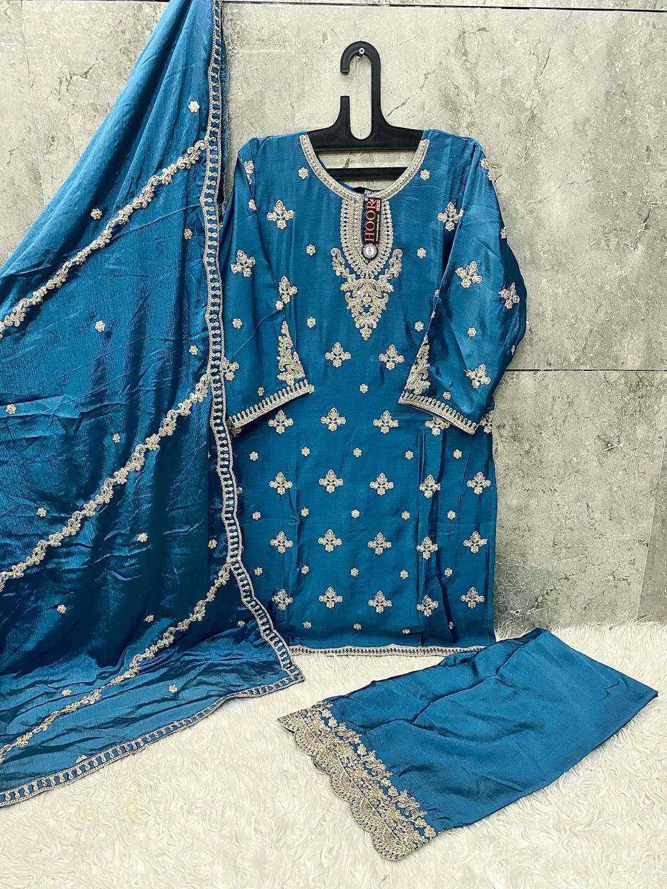 HOOR TEX DESIGN NO - HF 130 A-D HEAVY CHINON READYMADE PAKISTANI SUIT 