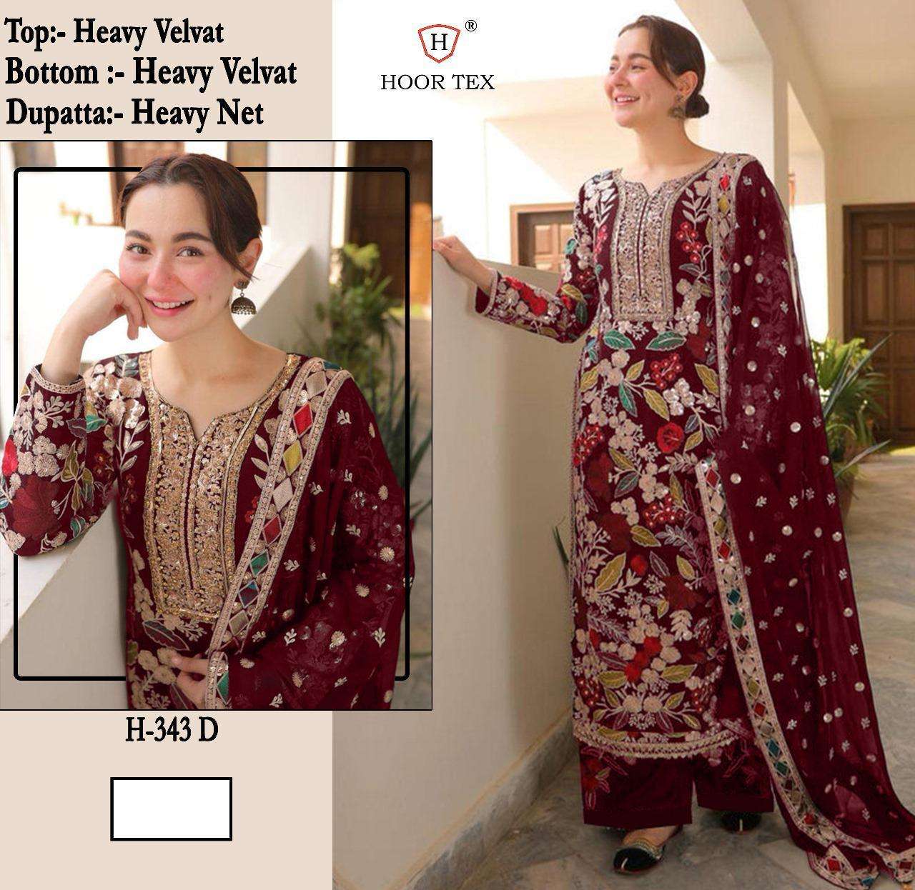 HOOR TEX DESIGN NO - HF 343 A-D HEAVY VELVET READYMADE PAKISTANI SUIT