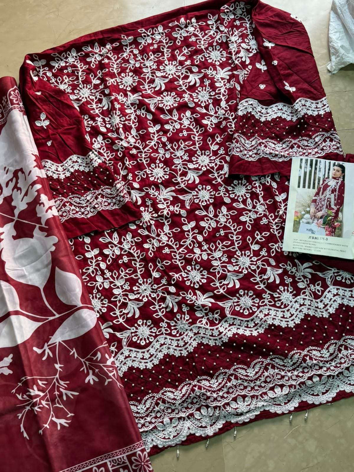JOHRA TEX DESIGN NO - JT - 175 D RAYON COTTON EMRBOIDERED PEARLS MOTI WORK PAKISTANI SALWAR SUIT 