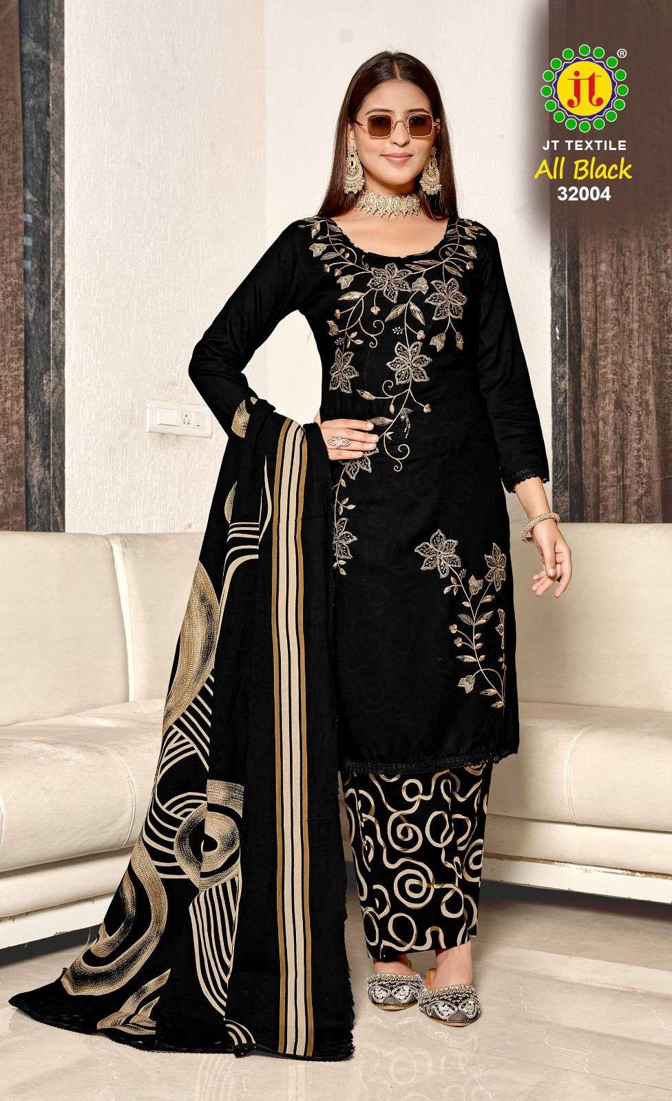 JT ALL BLACK VOL 32 RAYON FANCY SEQUENCE EMBROIDERY WORK SUIT