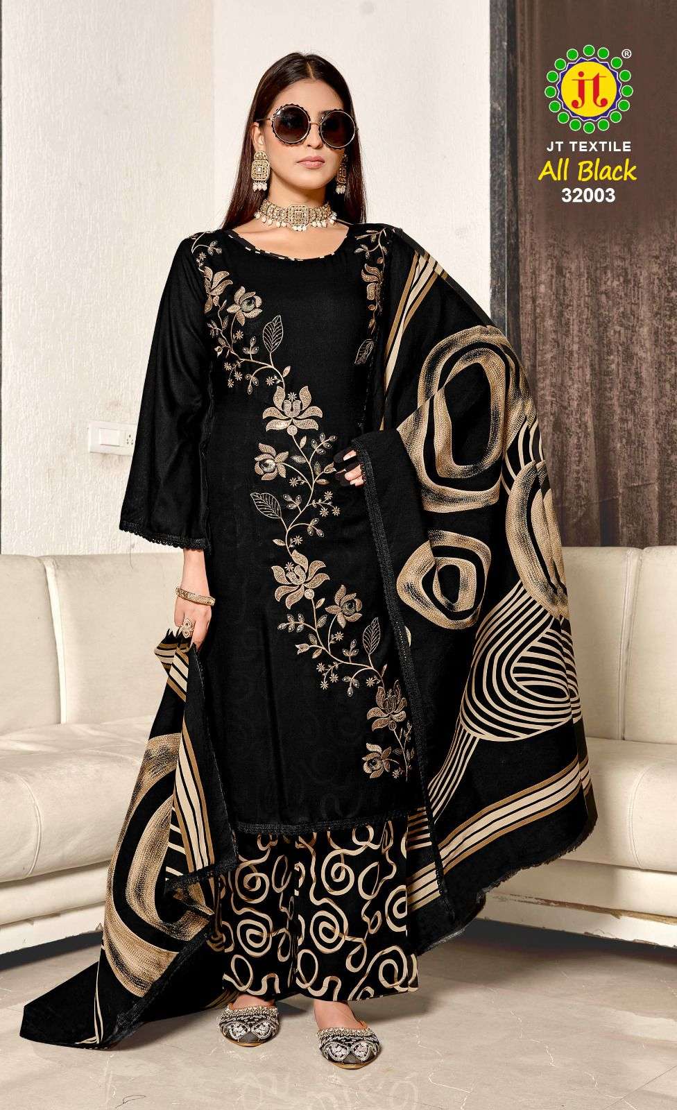 JT ALL BLACK VOL 32 RAYON FANCY SEQUENCE EMBROIDERY WORK SUIT
