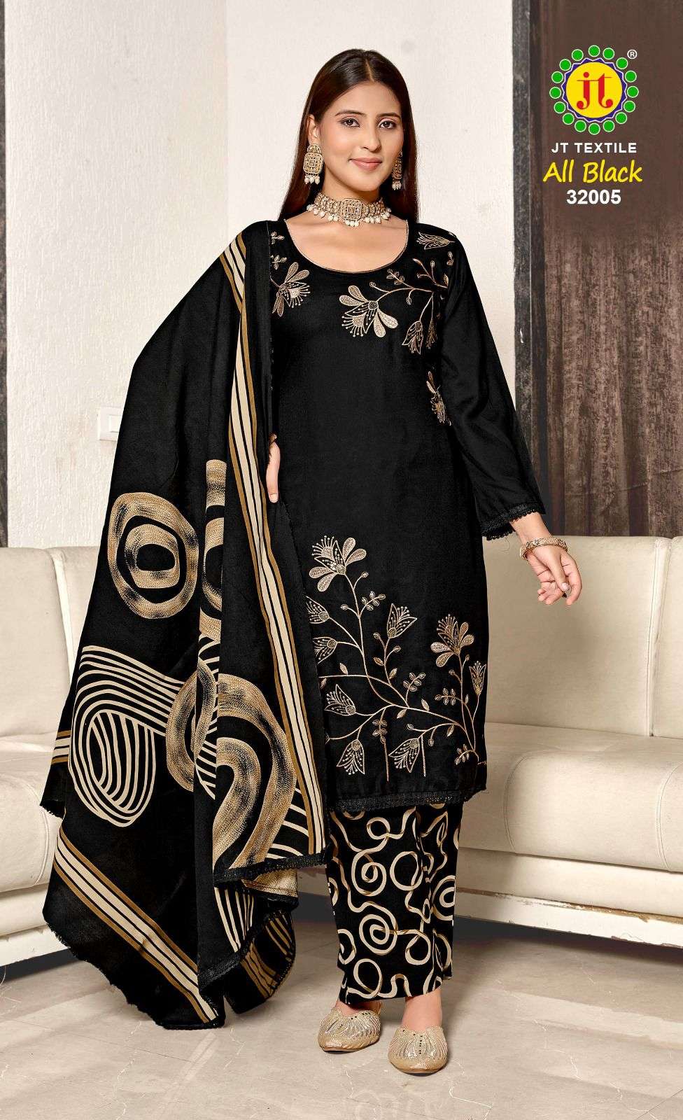 JT ALL BLACK VOL 32 RAYON FANCY SEQUENCE EMBROIDERY WORK SUIT