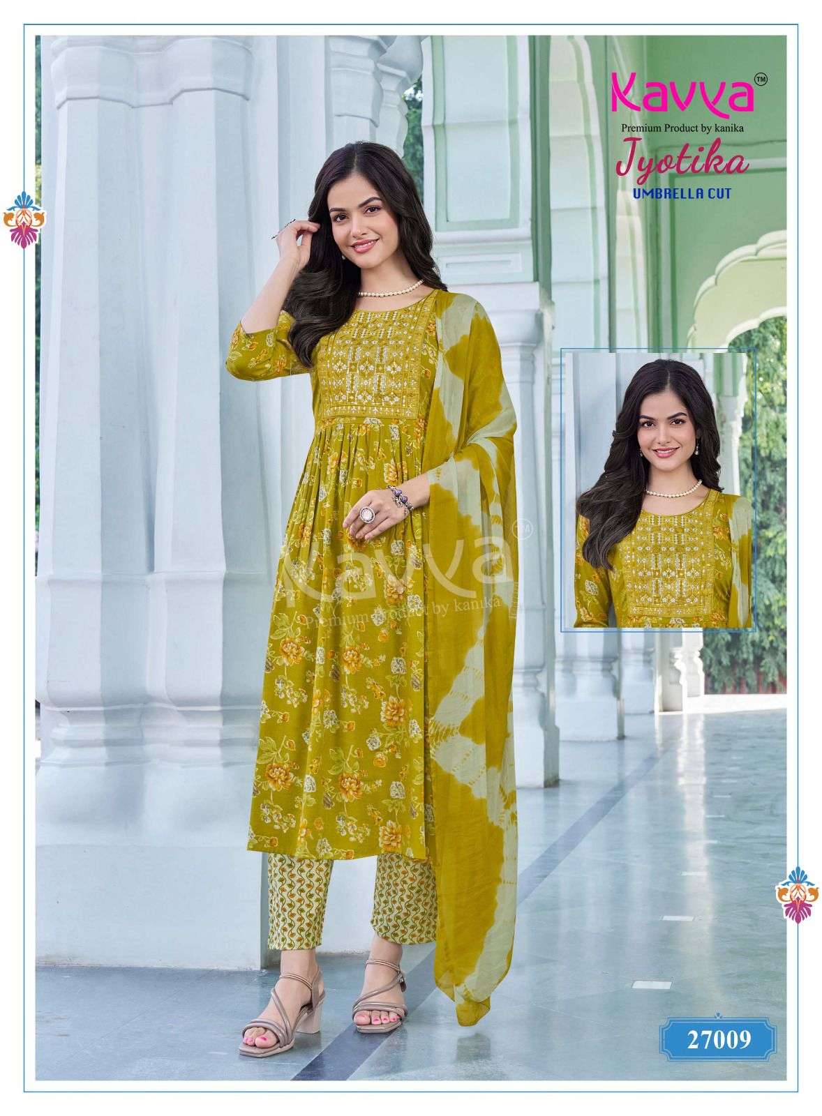 KAVYA JYOTIKA VOL 2 UMBRELLA CUT STYLE LADIES KURTI BOTTOM AND DUPATTA SET 