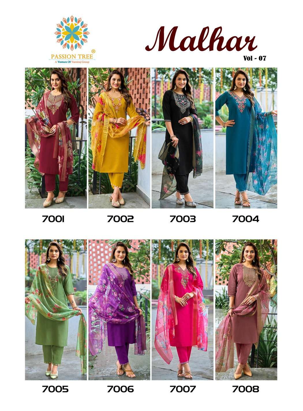 PASSION TREE MALHAR VOL 7 SILK FANCY WORKS LADIES KURTI BOTTOM AND DUPATTA SET 