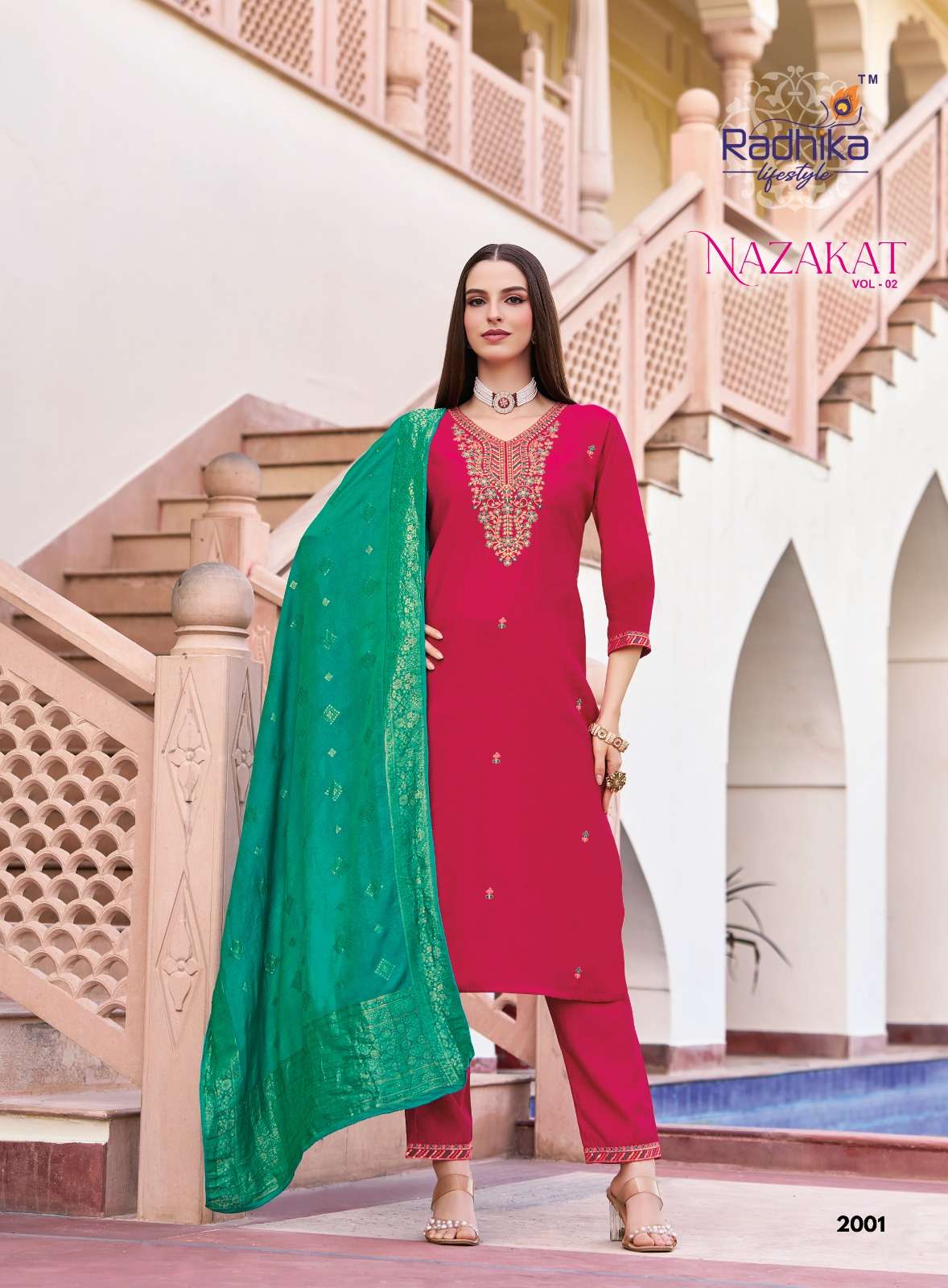 RADHIKA LIFESTYLE NAZAKAT VOL 2 FANCY WORK LADIES KURTI PANT WITH DUPATTA SET